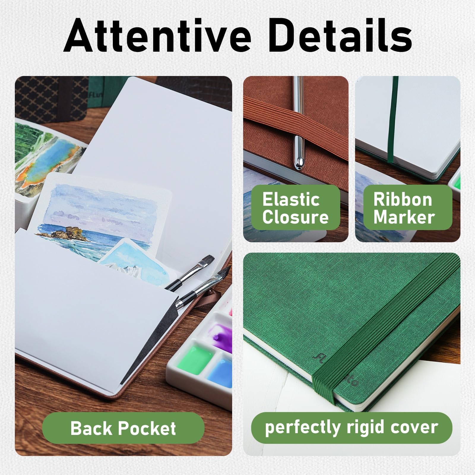 Watercolor Journal 6.5"x6.5"- 100% Cotton, 24 Sheets 48 Pages,140LB/300GSM Cold Press, with Inner Pocket and Wide Elastic Band - Perfect for Watercolor, Gouache, Acrylic, Ink & Mixed Media - 5