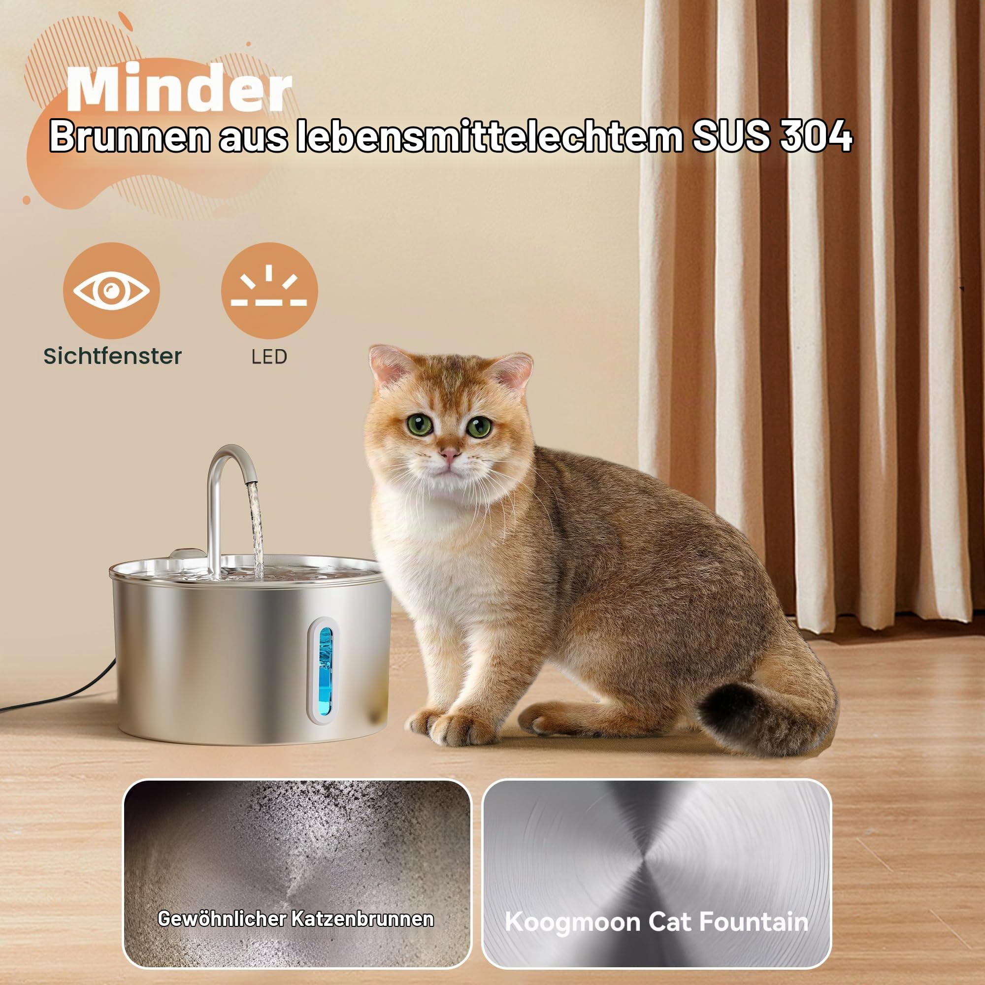 2,2 L Katzenbrunnen Edelstahl Trinkbrunnen für Katze 6 Filter + 3 Schwämme | Automatic Katzentrinkbrunnen mit Wasserstandsfenster, Wasserhahn, Ultra-Leise Pumpe, Haustierbrunnen für Kleine Hunde