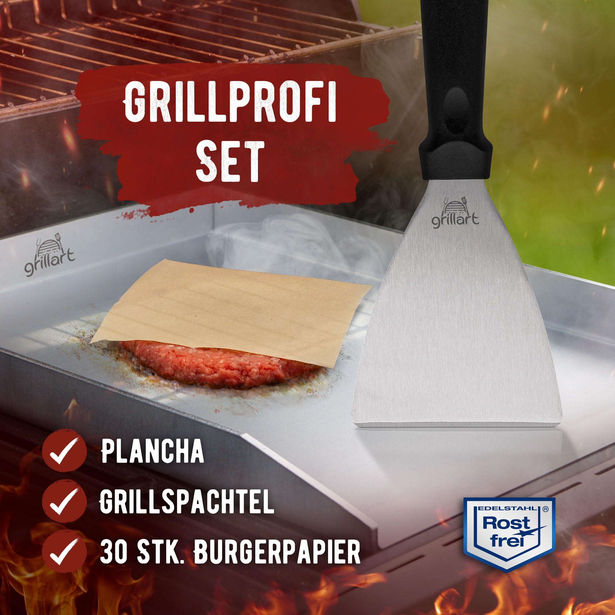 grillart® Premium Plancha Grillplatte mit Grillspachtel aus massiven 4mm Edelstahl – 30x40cm Universalgröße auch Induktion geeignet – Spülmaschinenfest und rostfrei
