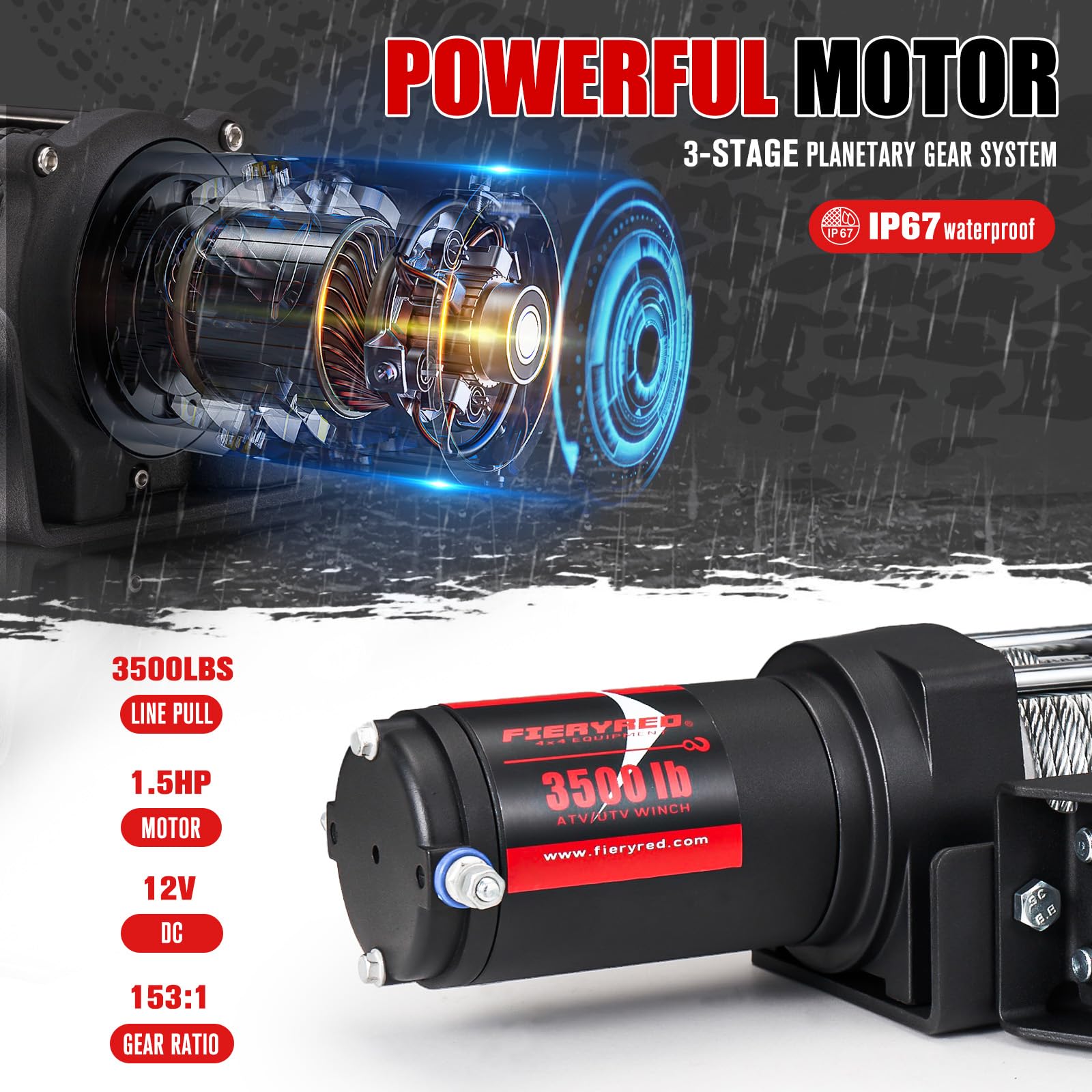 FIERYRED Treuil électrique 12 V 1 587,6 kg, kit de treuil câble en acier pour UTV ATV avec télécommande sans fil et treuil de récupération à commande filaire