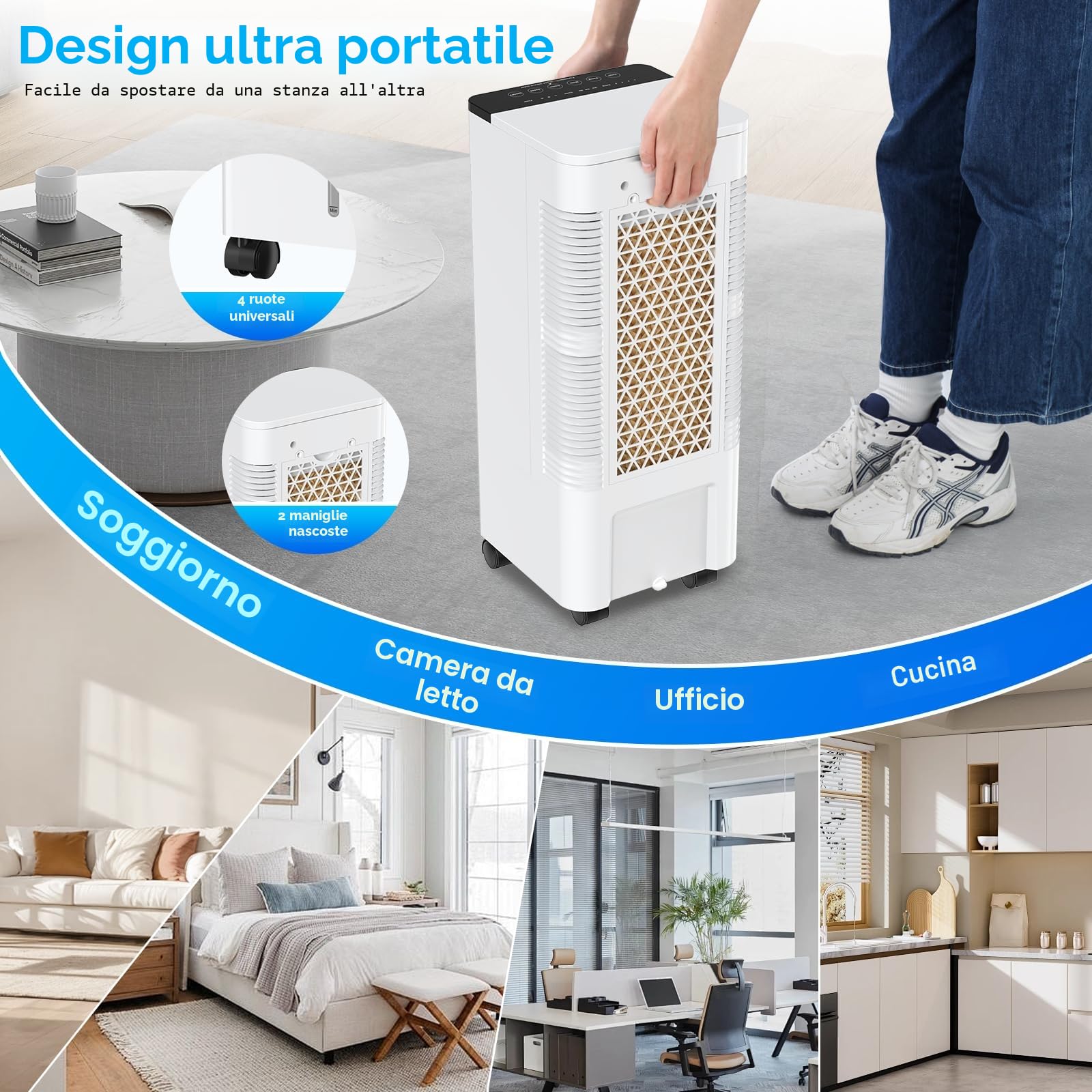 Condizionatore Portatile Senza Tubo, Silenzioso Raffreddatore d'aria Grande Serbatoio da 5.5 L, 4 in 1 Multifunzione Evaporativo Mobile, Timer da 7 ore,3 Velocità,con Telecomando,Senza Unità Esterna