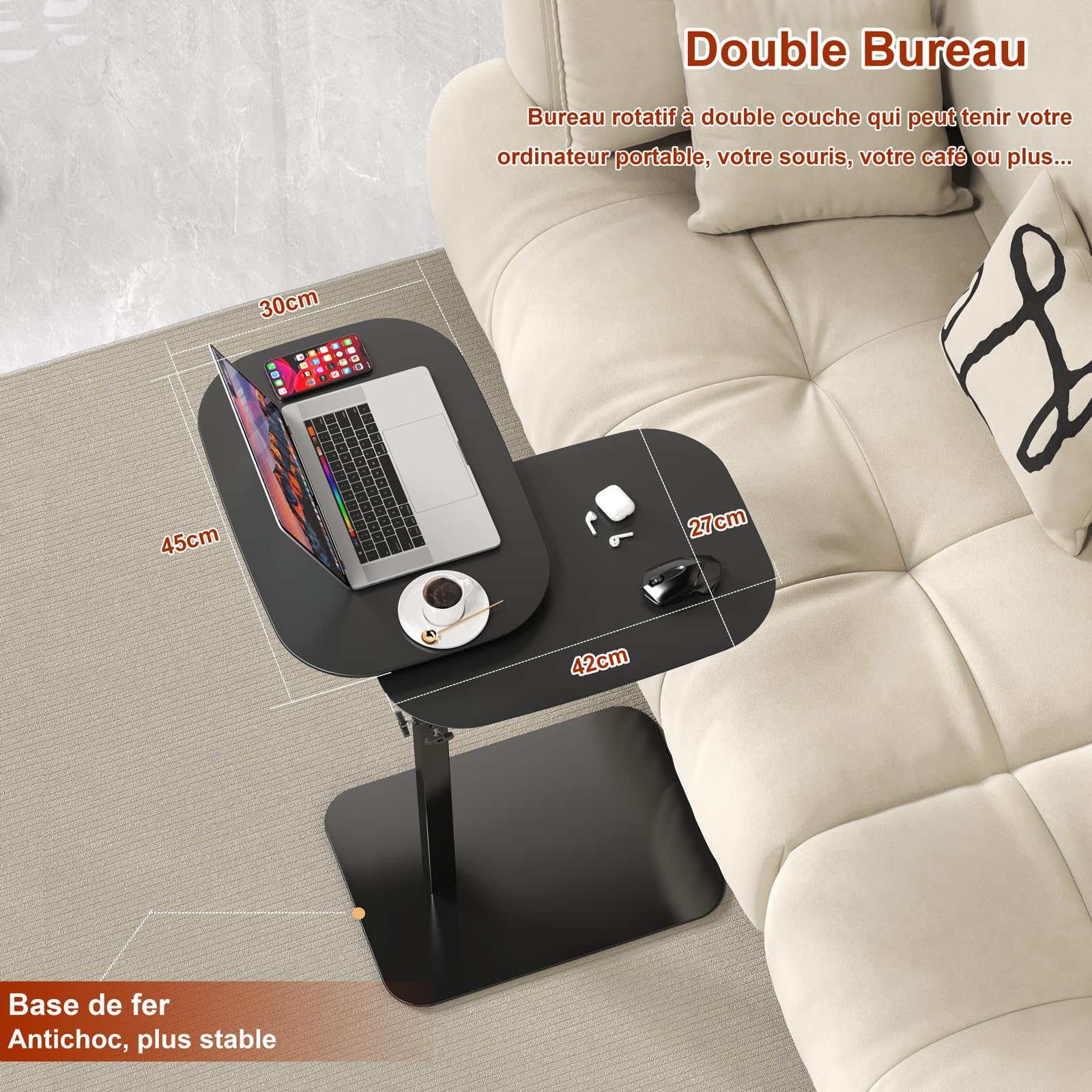 Table d'appoint en forme de C hauteur reglable, table canapé pivotante à 360°, Deux planches de table, ordinateur portable stand pour canapé/lit, Petite café C tables pour Salon/Chambre (Black)