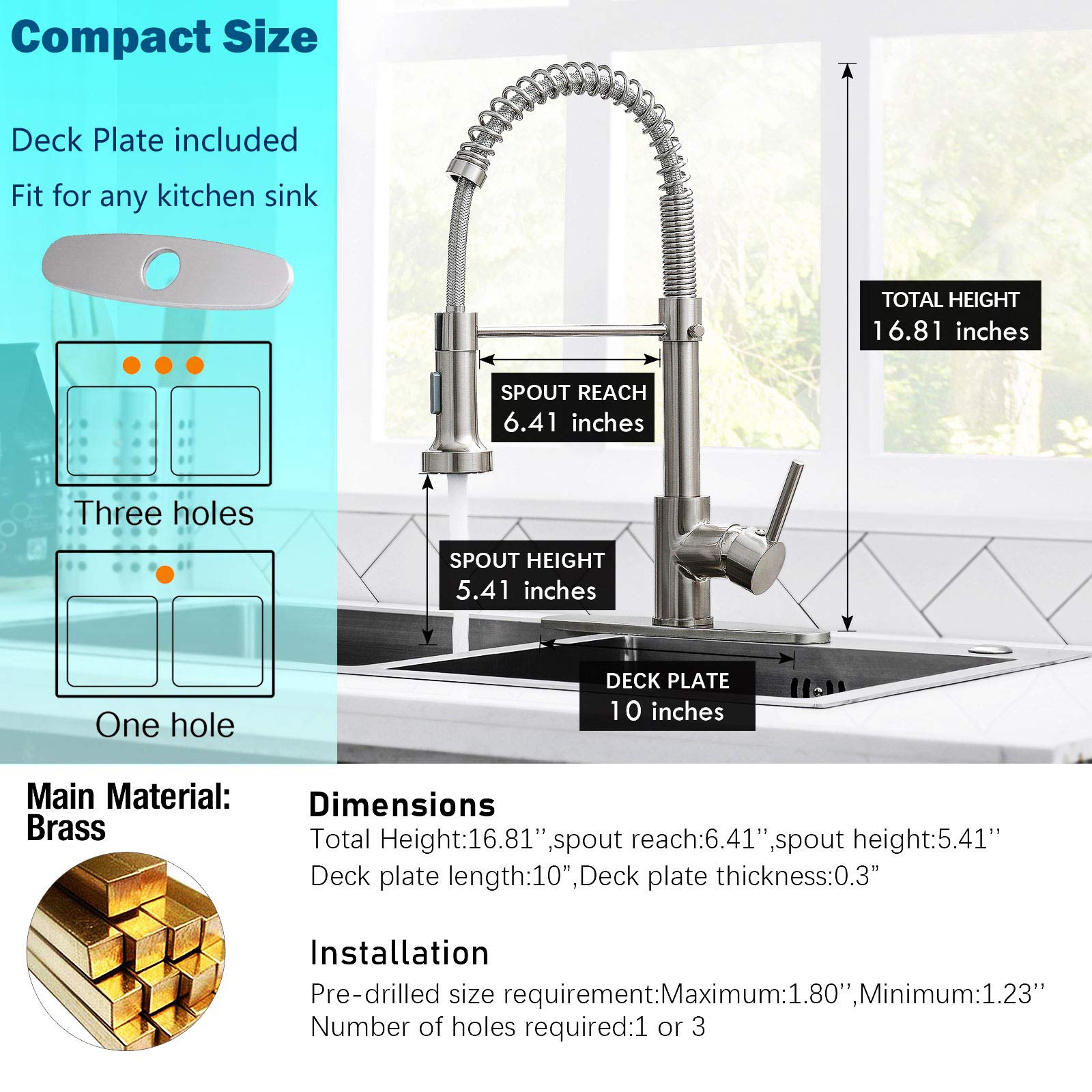 DJS Kitchen Faucets with Pull Down Sprayer, Faucet for Kitchen Sink, Single Handle Single Lever High Arc Spring Faucet with Deck Plate for 1 or 3 Holes Sink. (Brushed Nickel) DJS-CFLT-2011N-DP