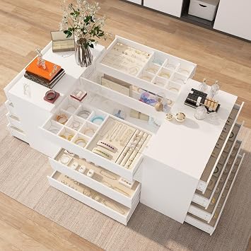 Armoire Bedroom Island Wardrobe Closet Island with 14 Drawers & Glass Tabletop, Island Dresser with Jewelry Organizer, Island for Bedroom Cloakroom White 63W x 31.5D x 31.5H