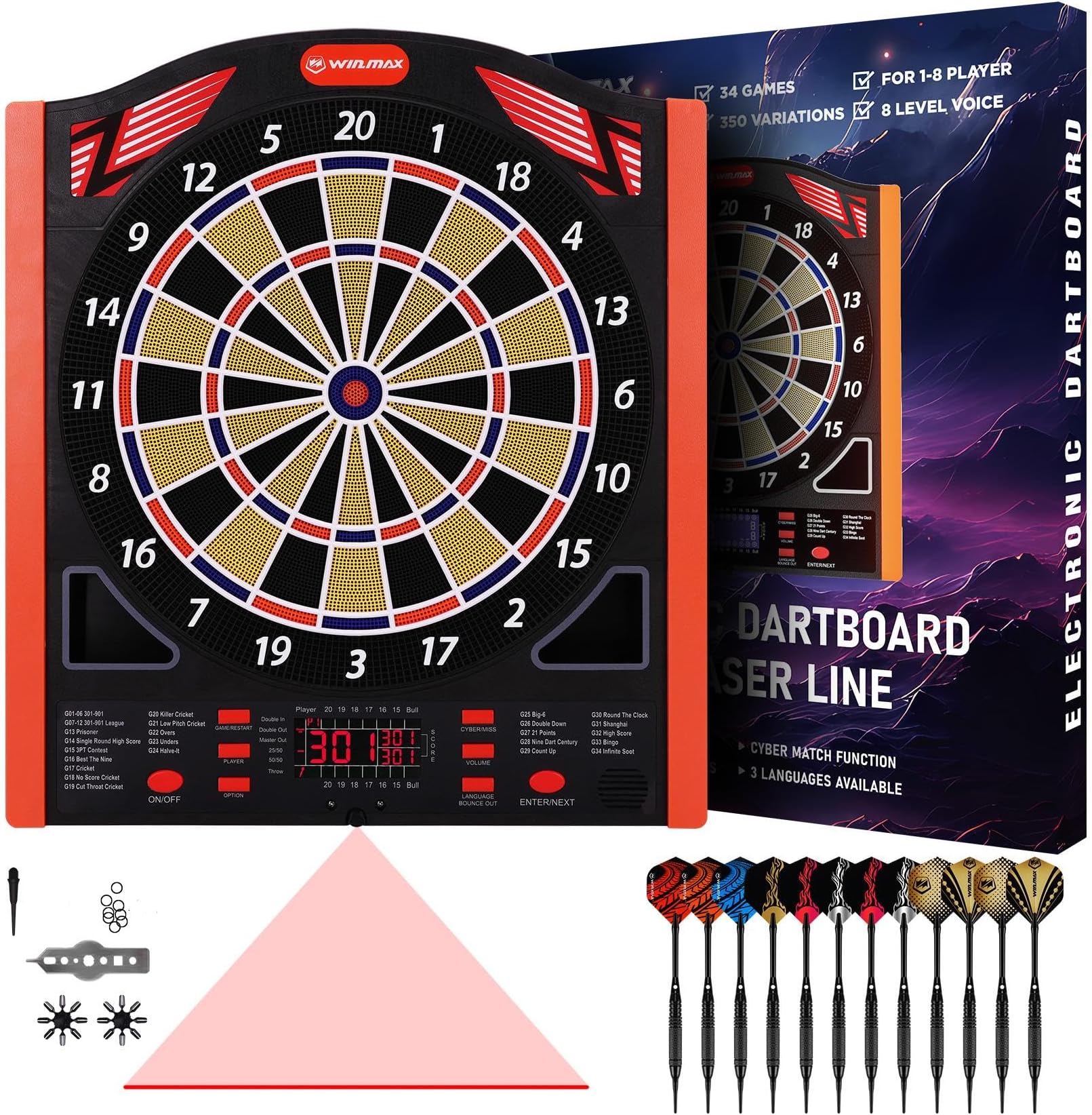 Electronic Dartboard Professional Set with Laser Throw/Toe Line Marker with German Voice Suitable for Batteries/Adapters for 1 to 8 Players with 12 Darts