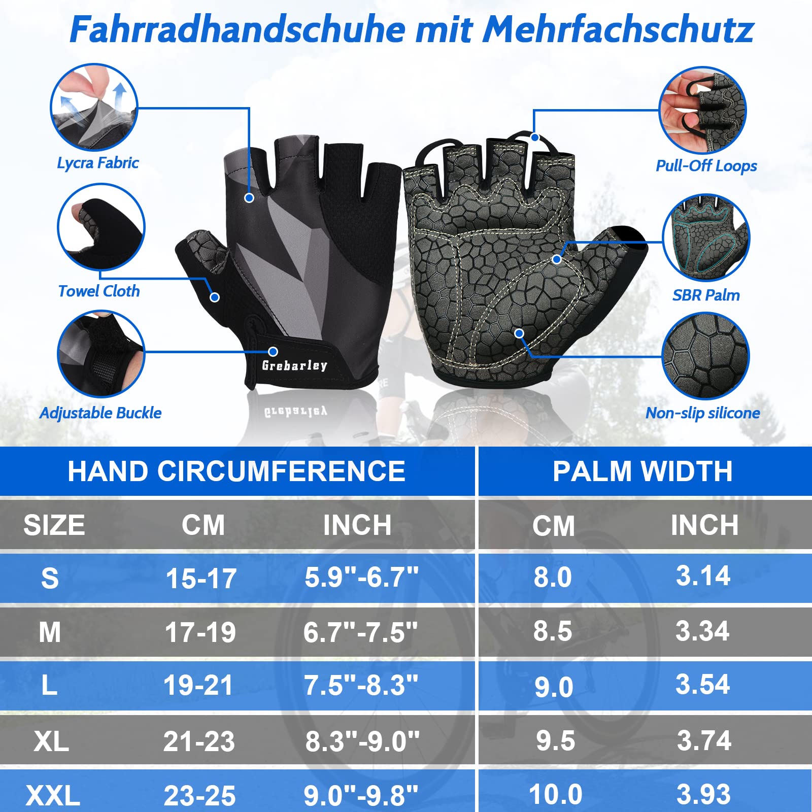 Grebarley Guanti MTB,Guanti da Ciclismo, Mezze Dita Guanti Ciclismo Estivi Uomo Donna, Traspirante/Antiurto/Confortevole/Antiscivolo Adatto per gli sport all'aperto