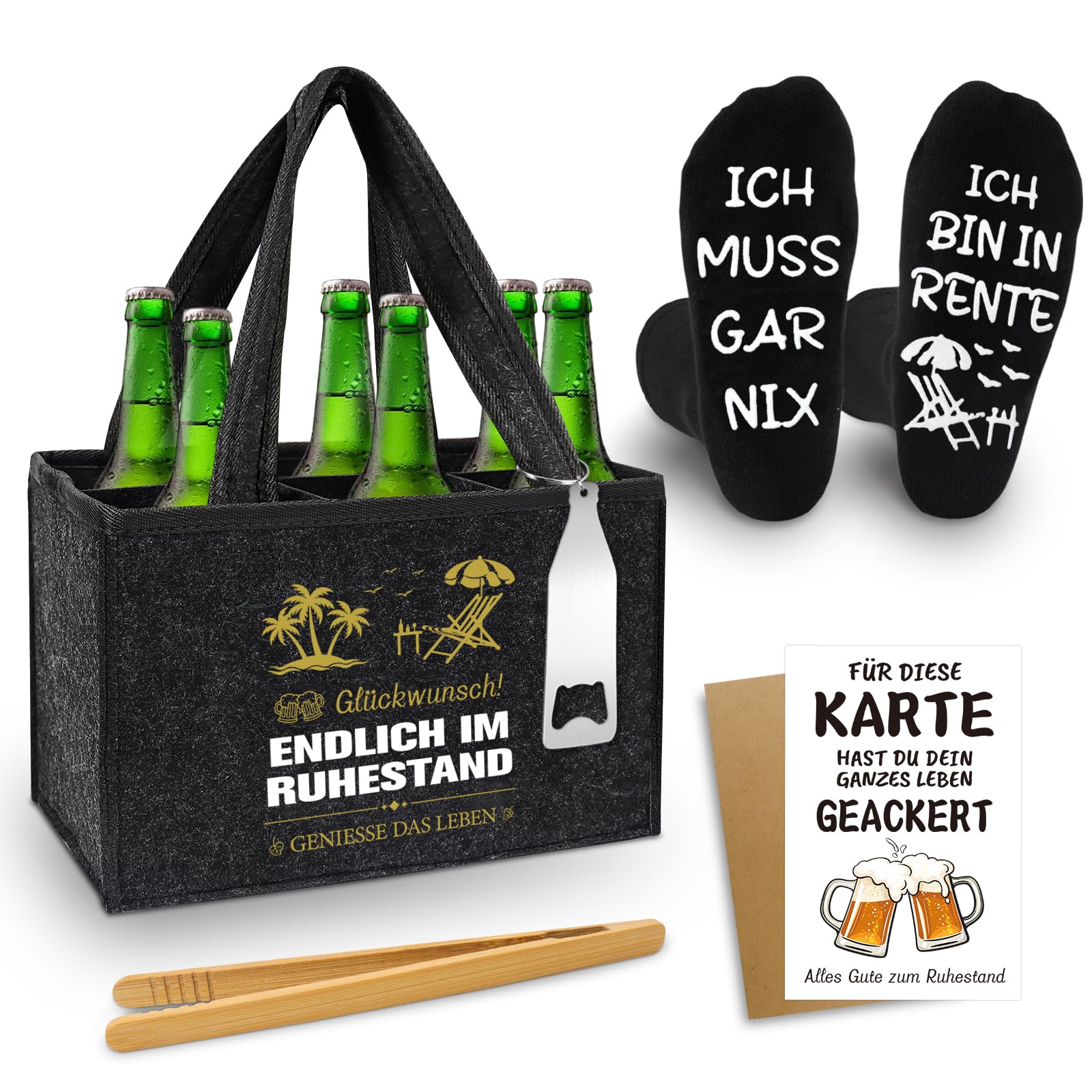 Shining She Renteneintritt Geschenk Männer Männerhandtasche Bier, Filz Flaschentasche 6 Flaschen mit Flaschenöffner Eiszange Bier Socken Grußkarten, Rente Geschenk Mann für Kollegen Freund Opa