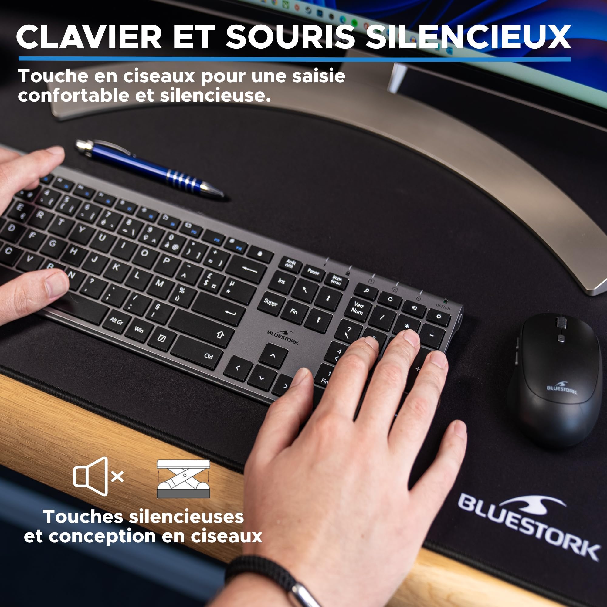 BlueElement - Pack Clavier et Souris sans Fil Grapheme - Wireless avec Smart Dongle - Clics Silencieux - Design Ultra Slim - Ergonomique - Rechargeable - AZERTY FR (Black)