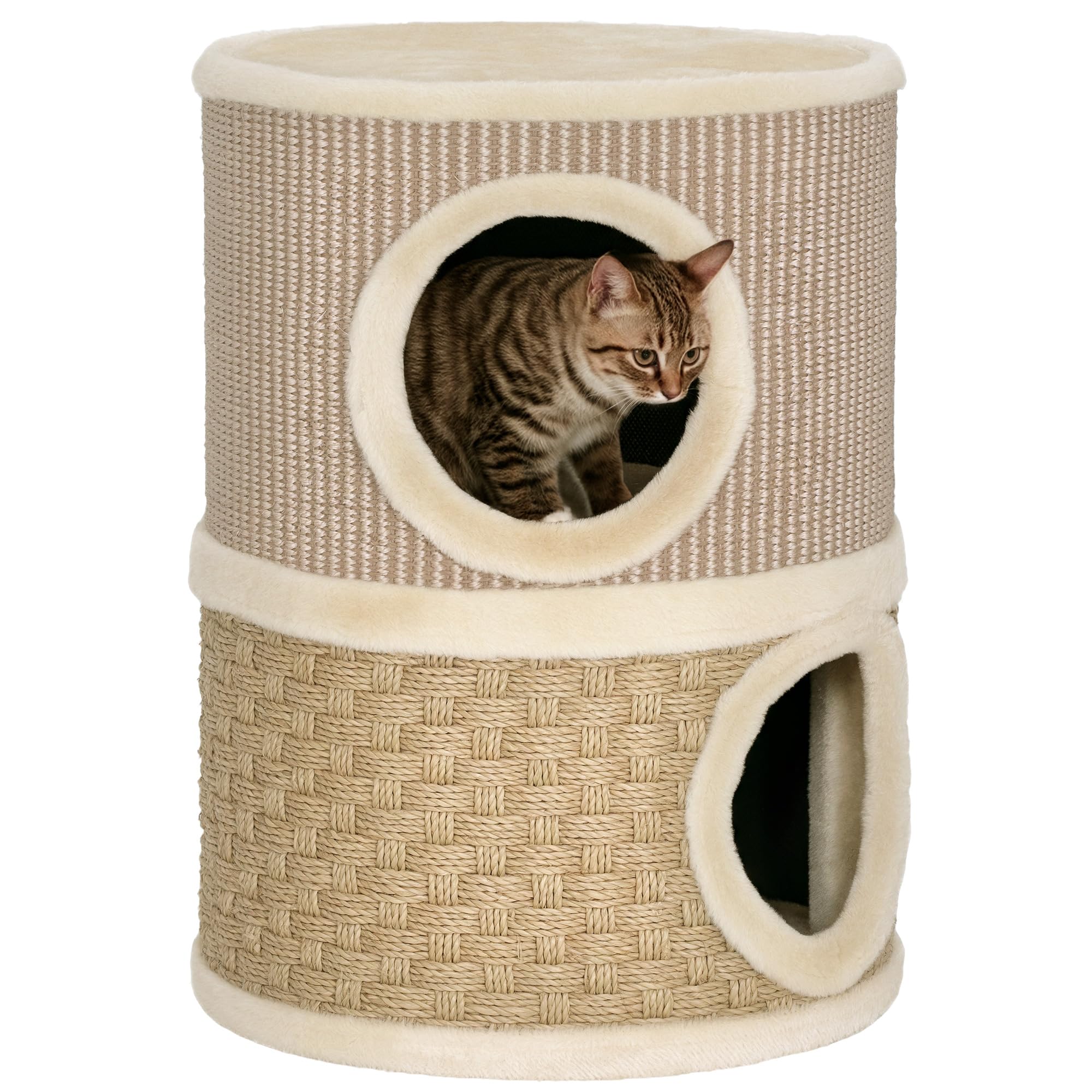 PawHut Katzentonne aus Sisal – Kratztonne mit Plüschrand, Kratzmatte, zwei Höhlen