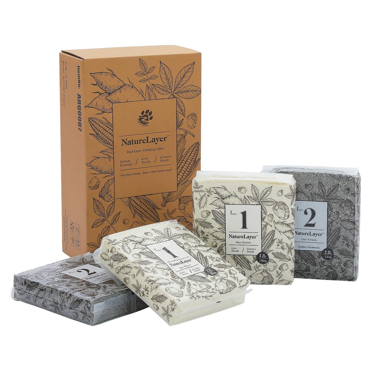 PAWZ Road Żwirek dla kota 8 kg, 2 × maniok + 2 x węgiel bentonitowy, 4 woreczki | Naukowa metoda 2-warstwowa, maksymalna kontrola zapachu i tworzenie grudek, 99,9% bezpyłowa