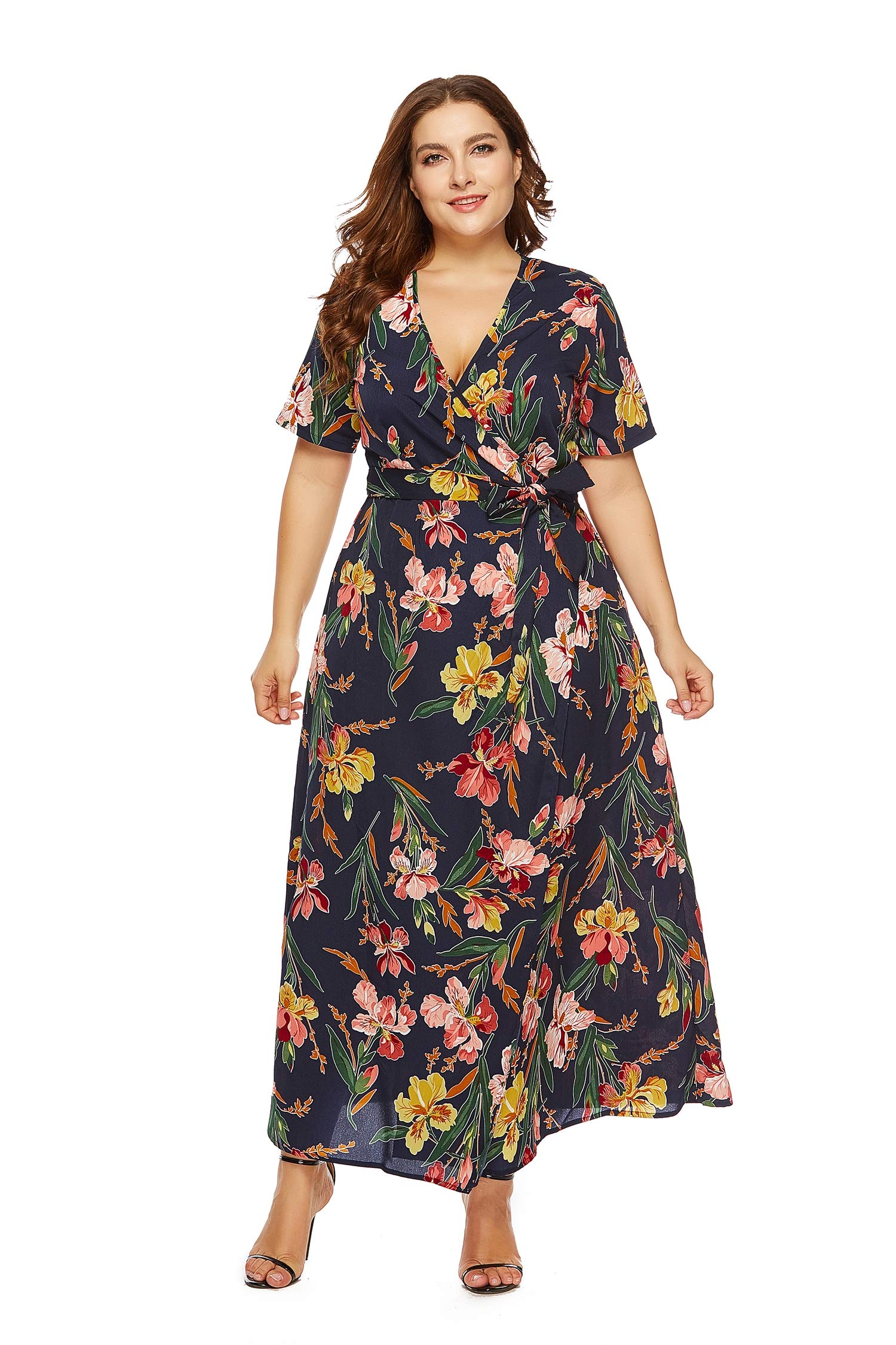 Robe longue bleu col en V vêtement femme grande taille 5XL coupe fluide tendance