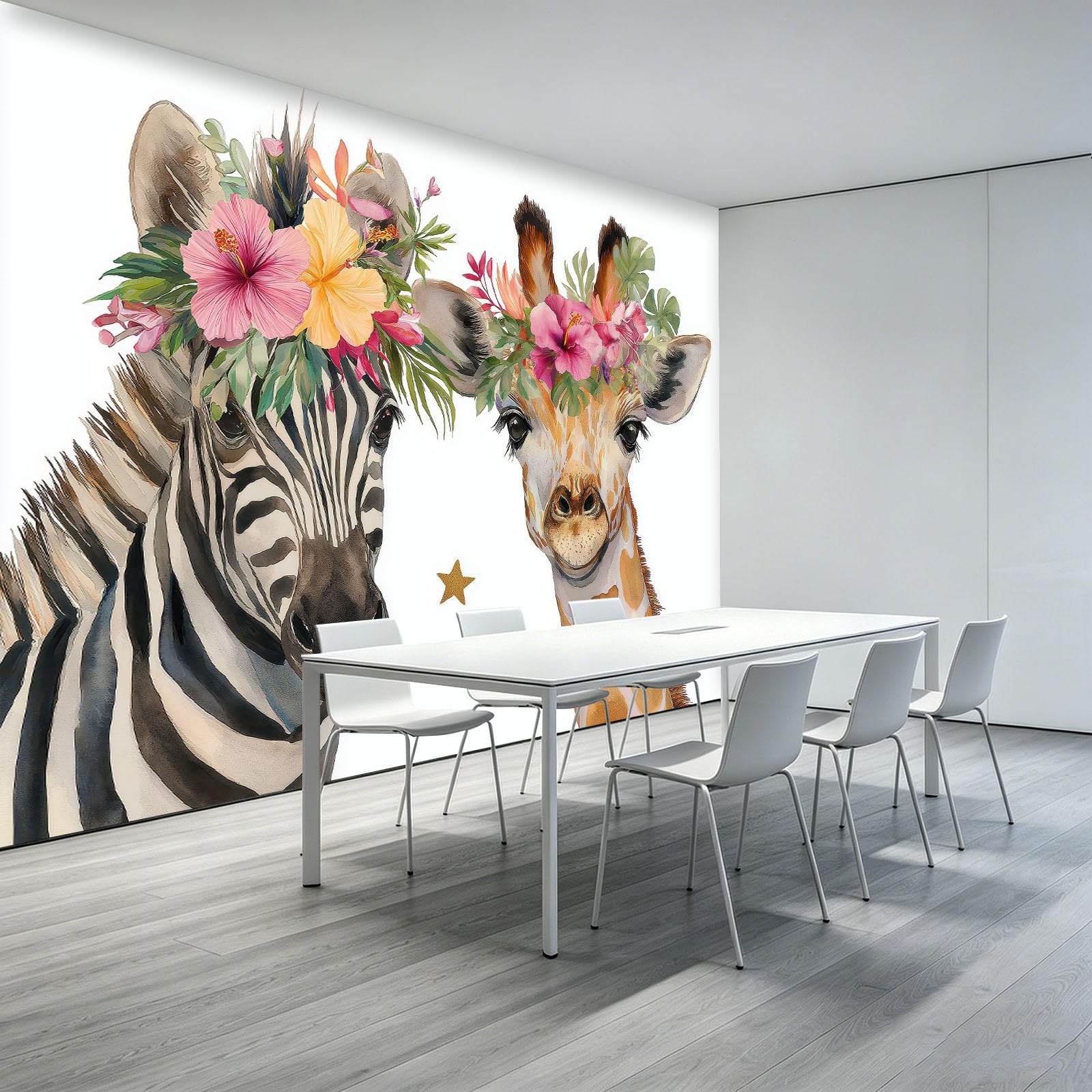 Panoramiczna tapeta 3D 500 x 280 cm fantastyczne zwierzęta zebra żyrafa tapeta z włókniny, duże ściany plakat do salonu, dekoracji pokoju dziecięcego, na ścianę, łatwy montaż, biała