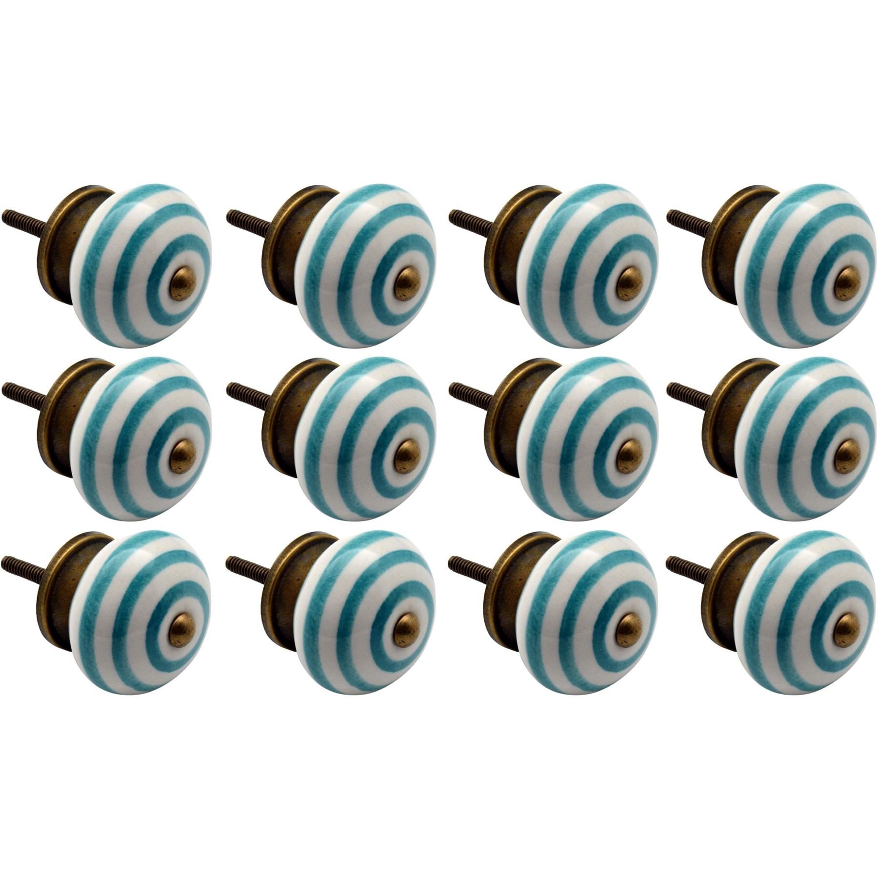 Nicola Spring Ceramic Cupboard Drawer Handle Knobs - Stripe Design - Turquoise - Pack of 12