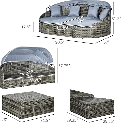 Miniatura 7 de Outsunny Juego de muebles de ratán para exteriores de 4 piezas sofá cama redondo convertible para patio o cama solar sofá modular con toldo