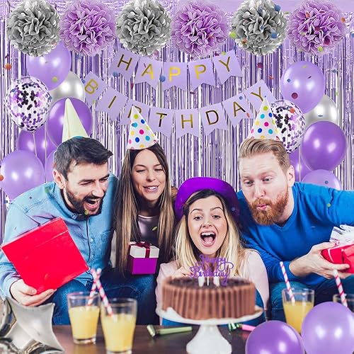 Miniatura 6 de Decoraciones de cumpleaños moradas y plateadas para mujeres y niñas, juego de decoración de fiesta de lavanda con pancarta y globos, banda y corona,