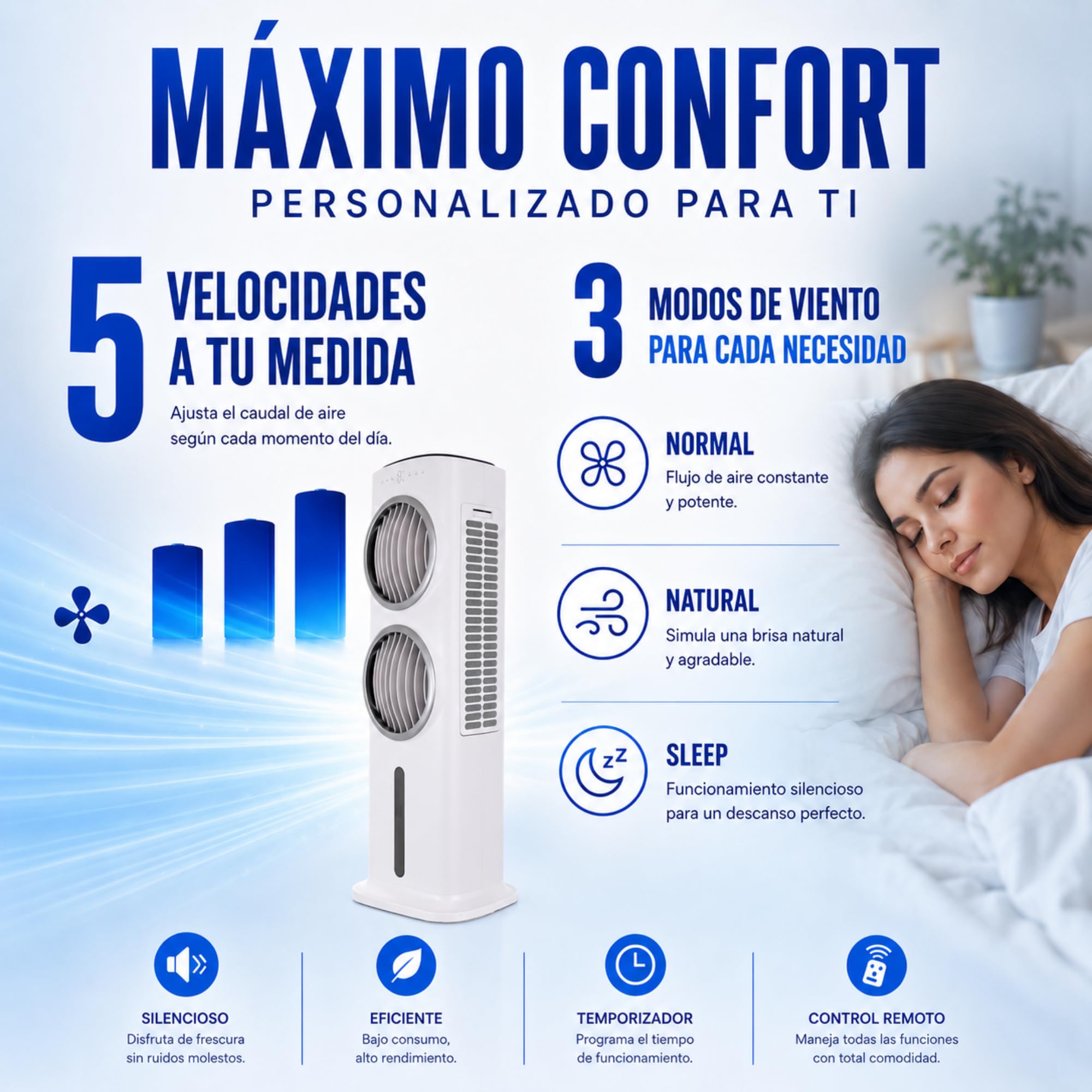 Climatizador Evaporativo VONALA SMALL-DUO – Enfriador de Aire Portátil con Doble Ventilador, Depósito 9L, 5 Velocidades, Mando a Distancia, 90W, Portátil