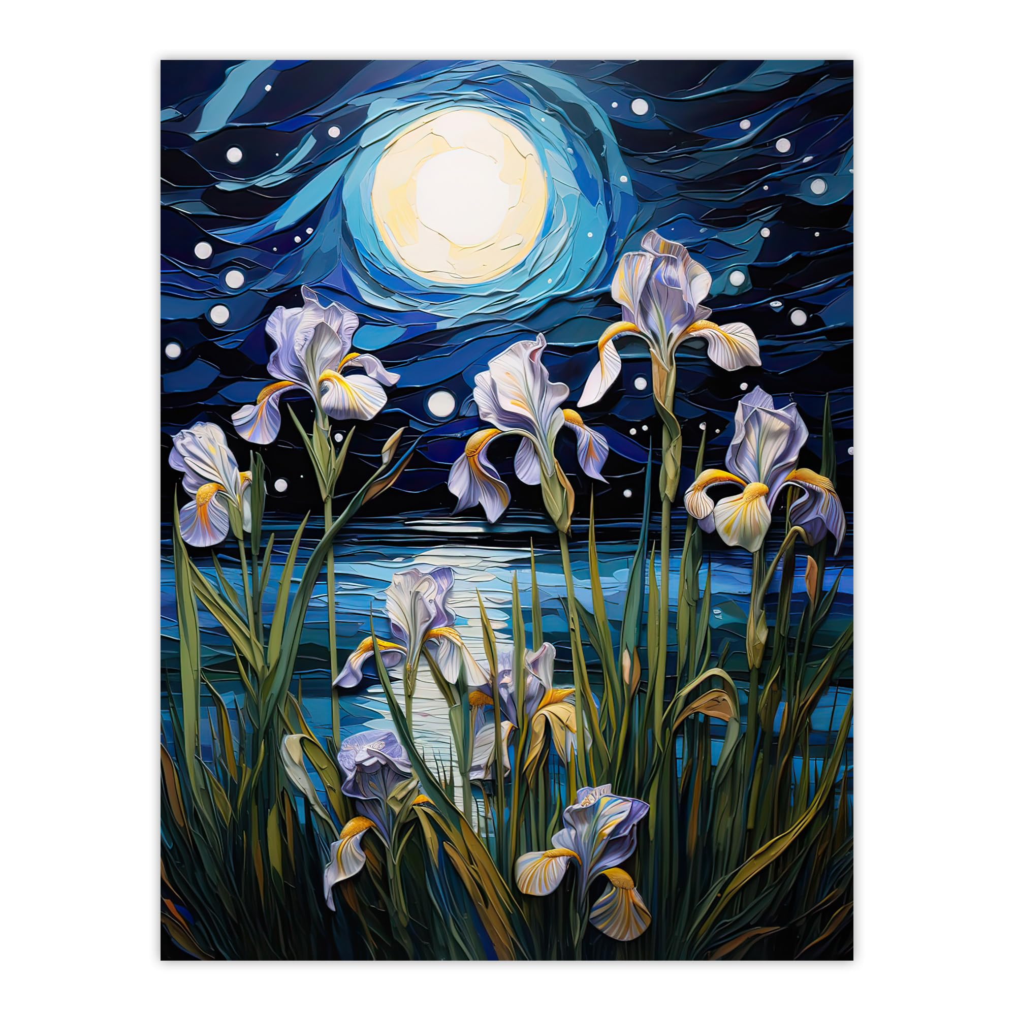 Artery8 Ethereal Iris Flower Blooms Fantasy Lake Full Moon Large Wall Art Poster Print Thick Paper 18X24 Inch