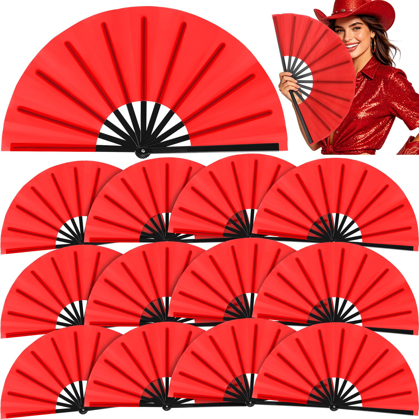 Blulu13 Inch Large Folding Fans for Line Dancing, Red, 12 Pcs