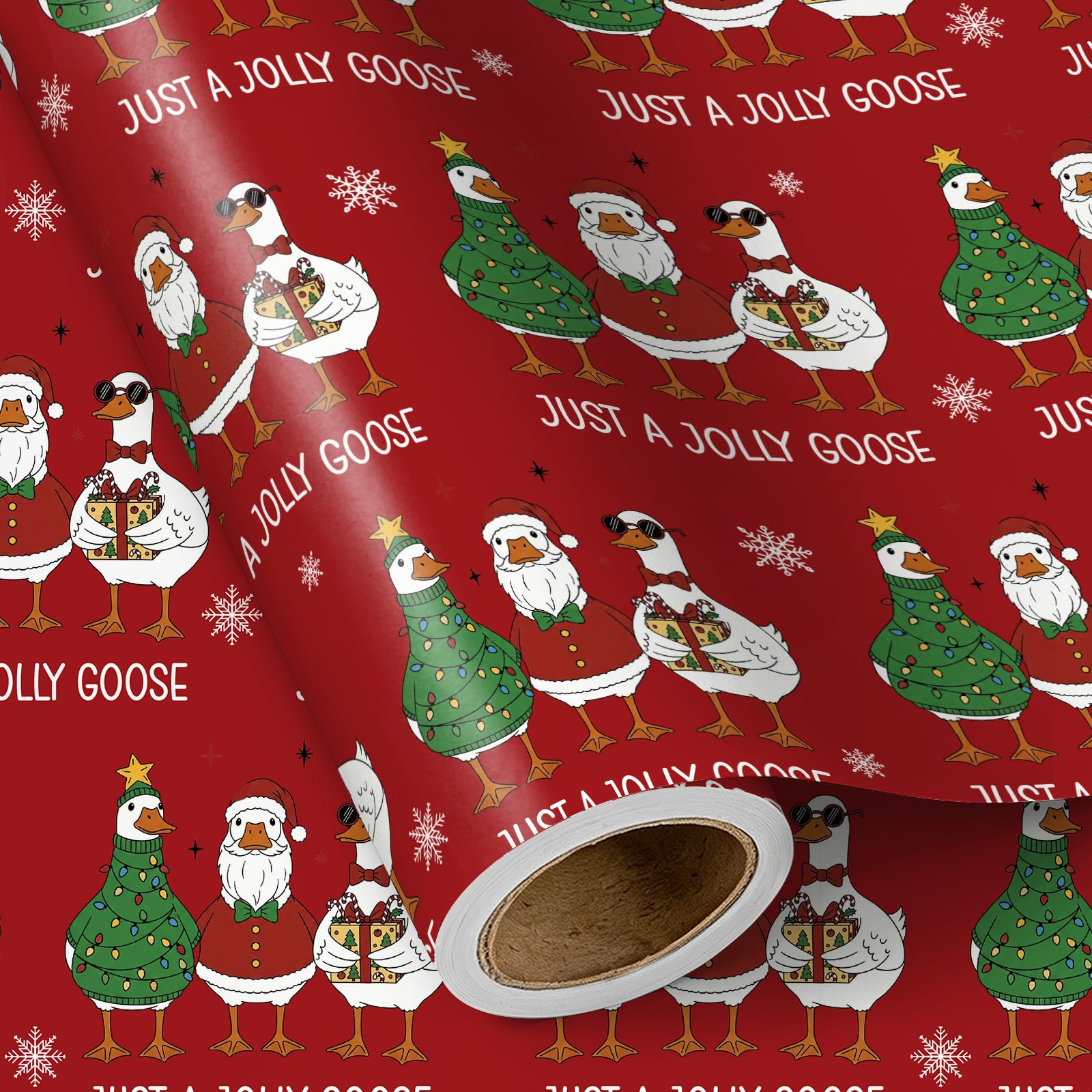 RUSPEPA Mini Christmas Wrapping Paper Roll Red Funny Goose Santa Outfit Design Humorous Festive Wrap for Kids and Friends 43.2cm x 5m — image 1