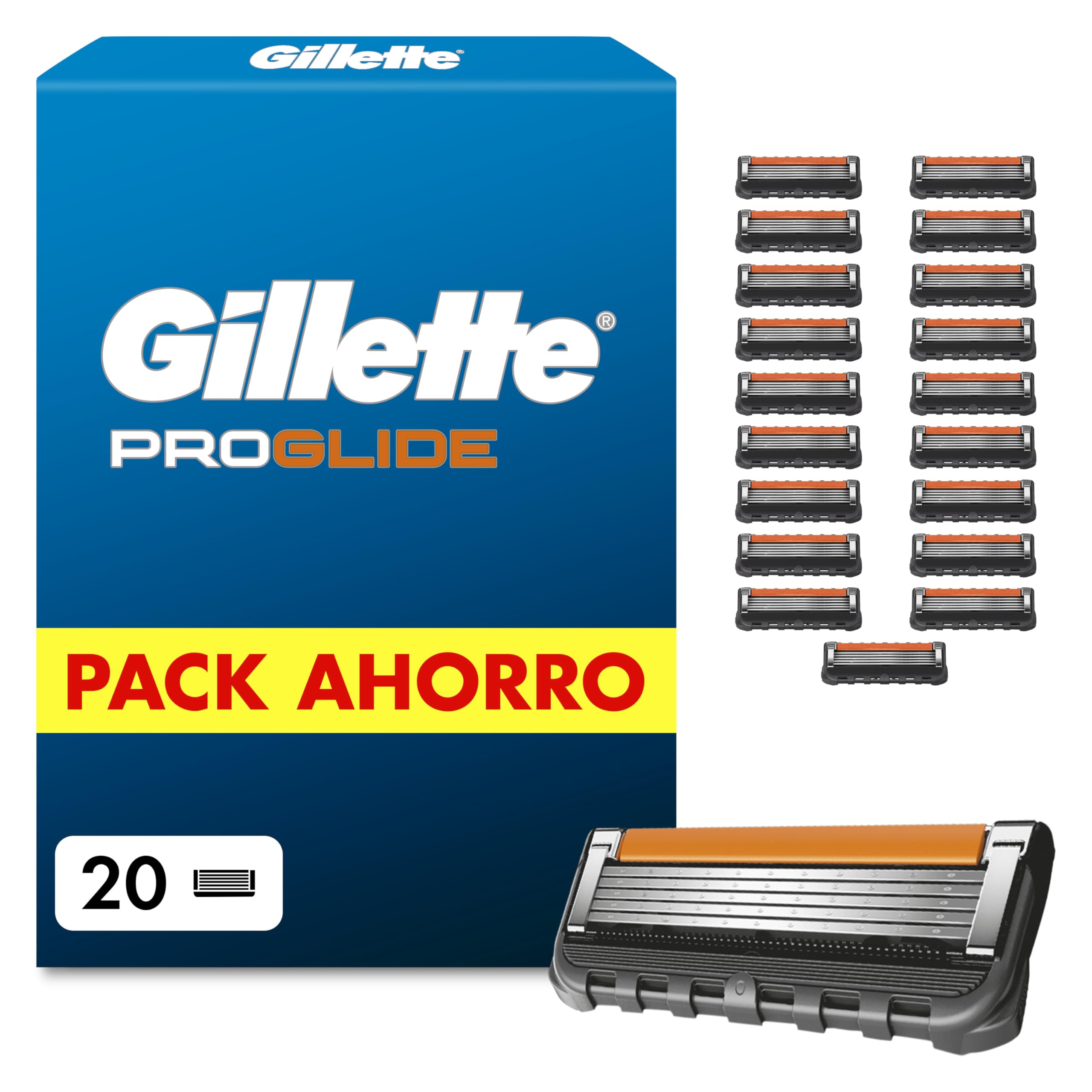 Gillette Proglide Recambios para Maquinillas de Afeitar para Hombre, Pack de 20 Cuchillas de Afeitar con Doble Lubricación Y Recortadora de Precisión