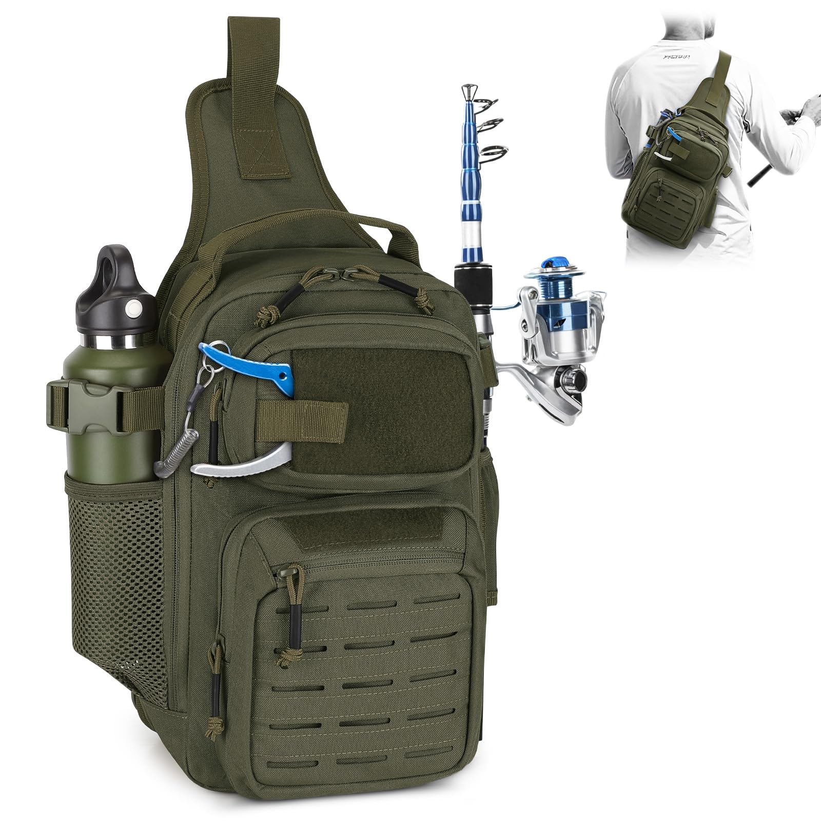HUNTVP Fishing Sling Bag Lightweight Tackle Bag Small Fishing Backpack Tactical Shoulder Sling Bags for Men with Rod Holder