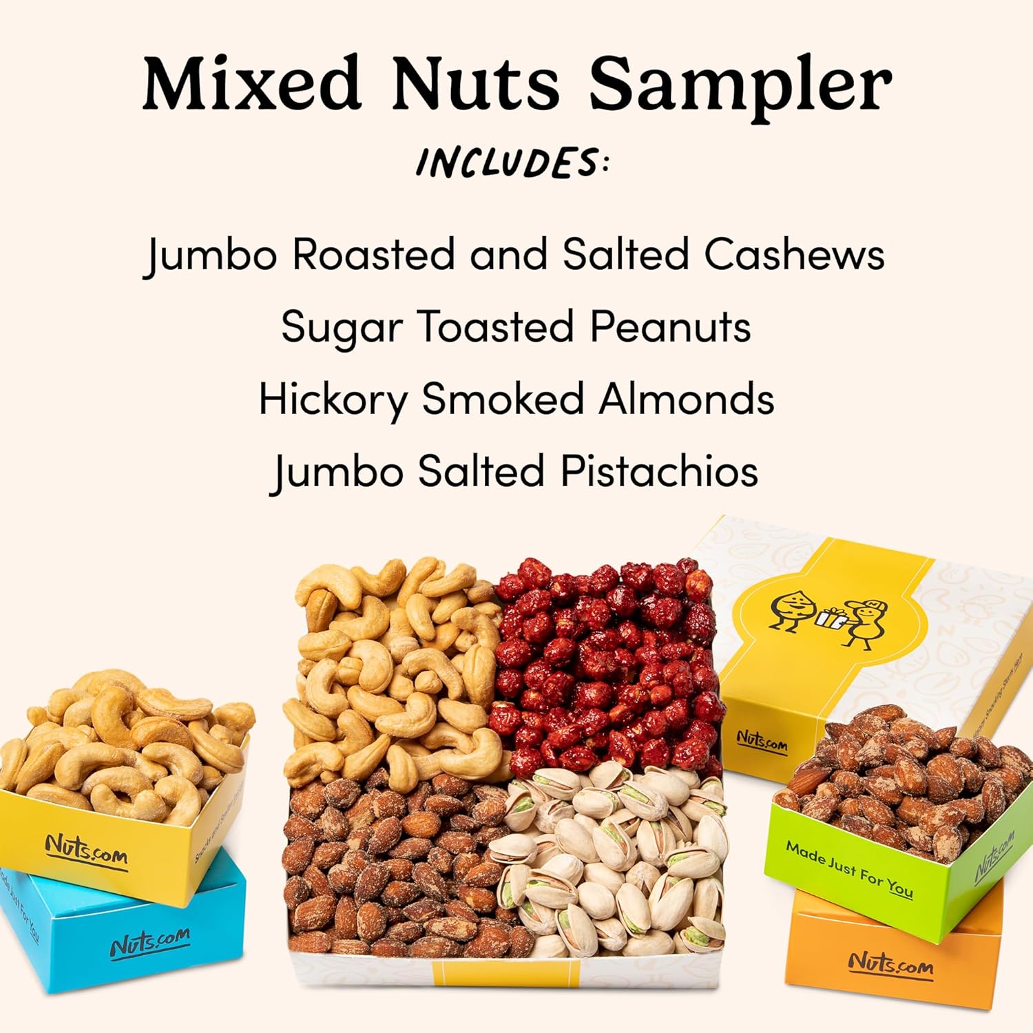 Nuts.com Mixed Nut Sampler – Variety Snack Box for Festive Gifts – 1.25Lb Gift Package Includes Pistachios, Peanuts, Hickory Smoked Almonds, Roasted and Salted Cashews