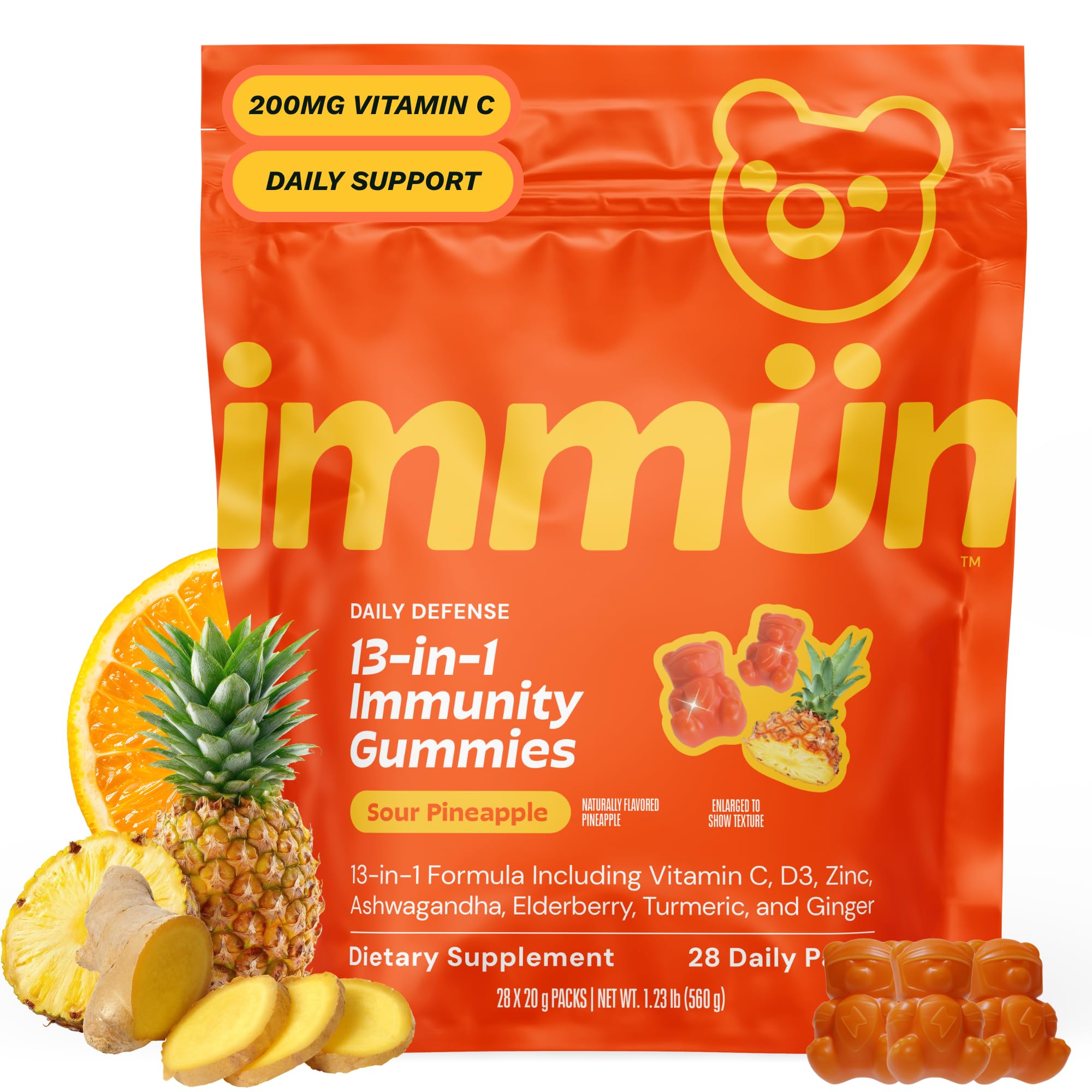 Grüns Immun Immunity Gummies with Vitamin C, Daily Immune Support, 28 ct Low Sugar 28 Count (Pack of 1)