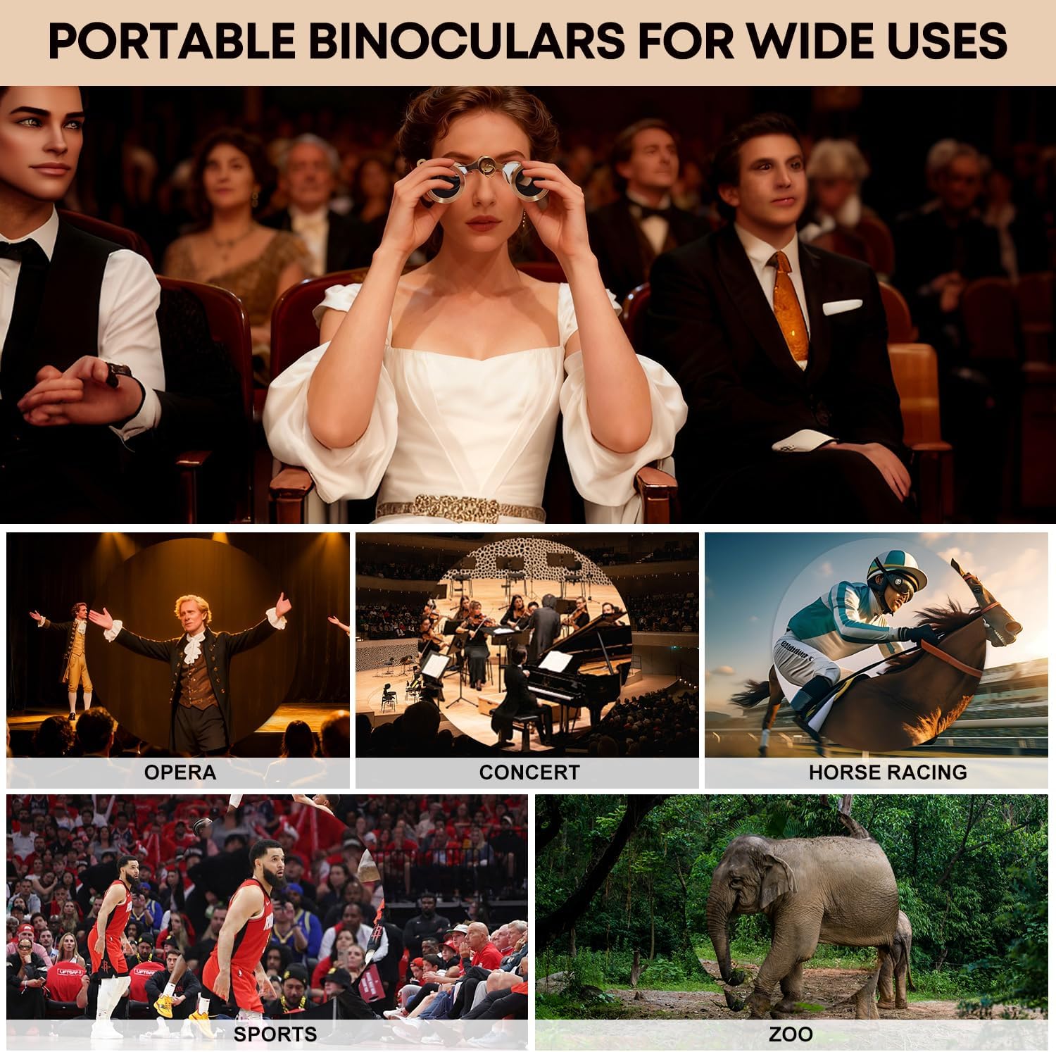3X25 Opera Glasses Theater Binoculars with Adjustable Handle & Chain, Small Elegant Glasses for Adults Women Vintage Portable Costume Binoculars for Musical Concerts Cinema (White)