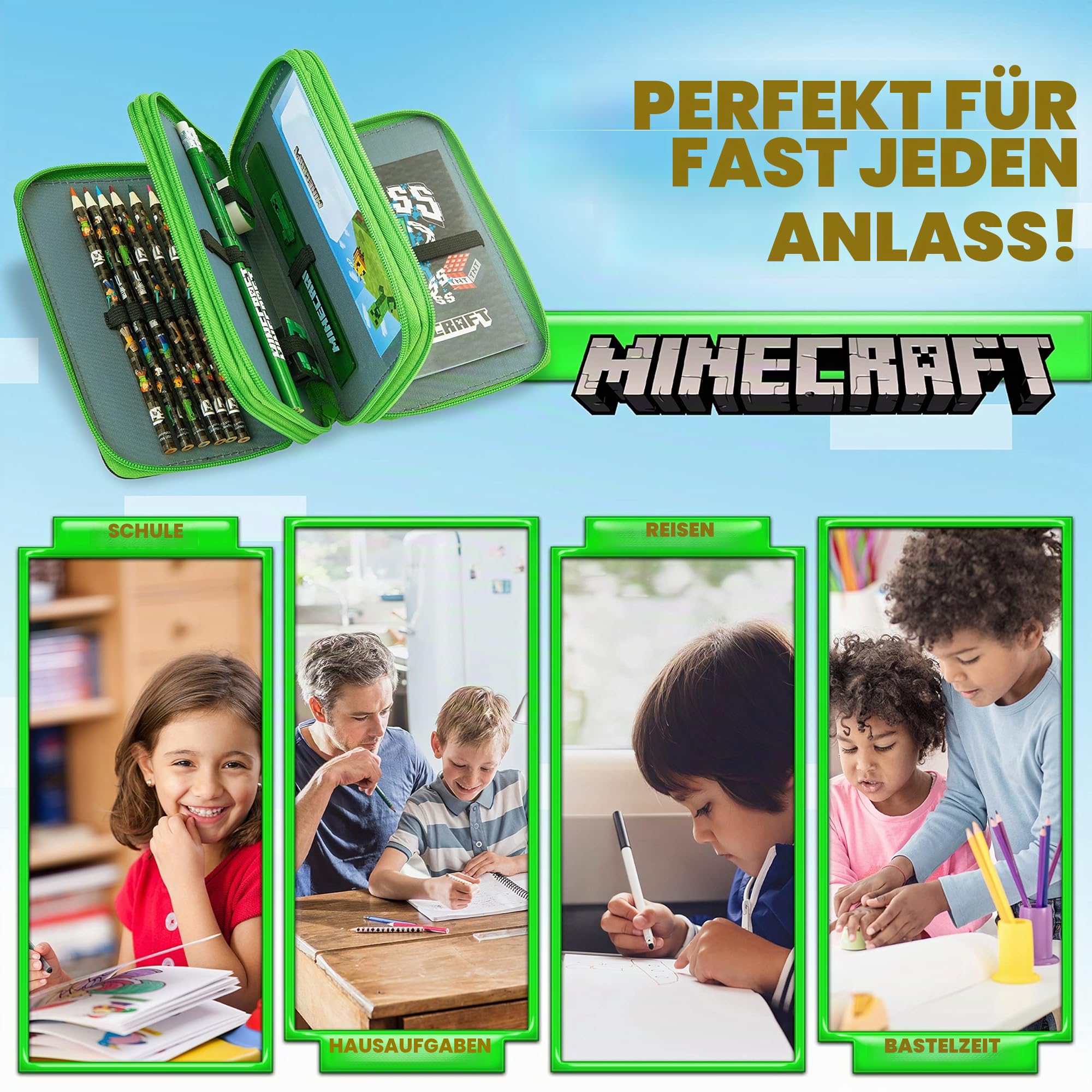 Minecraft Federmäppchen Jungen und Mädchen Mäppchen Gefüllt Creeper Federmappe mit Schreibwaren Gamer Geschenke für Kinder und Teenager