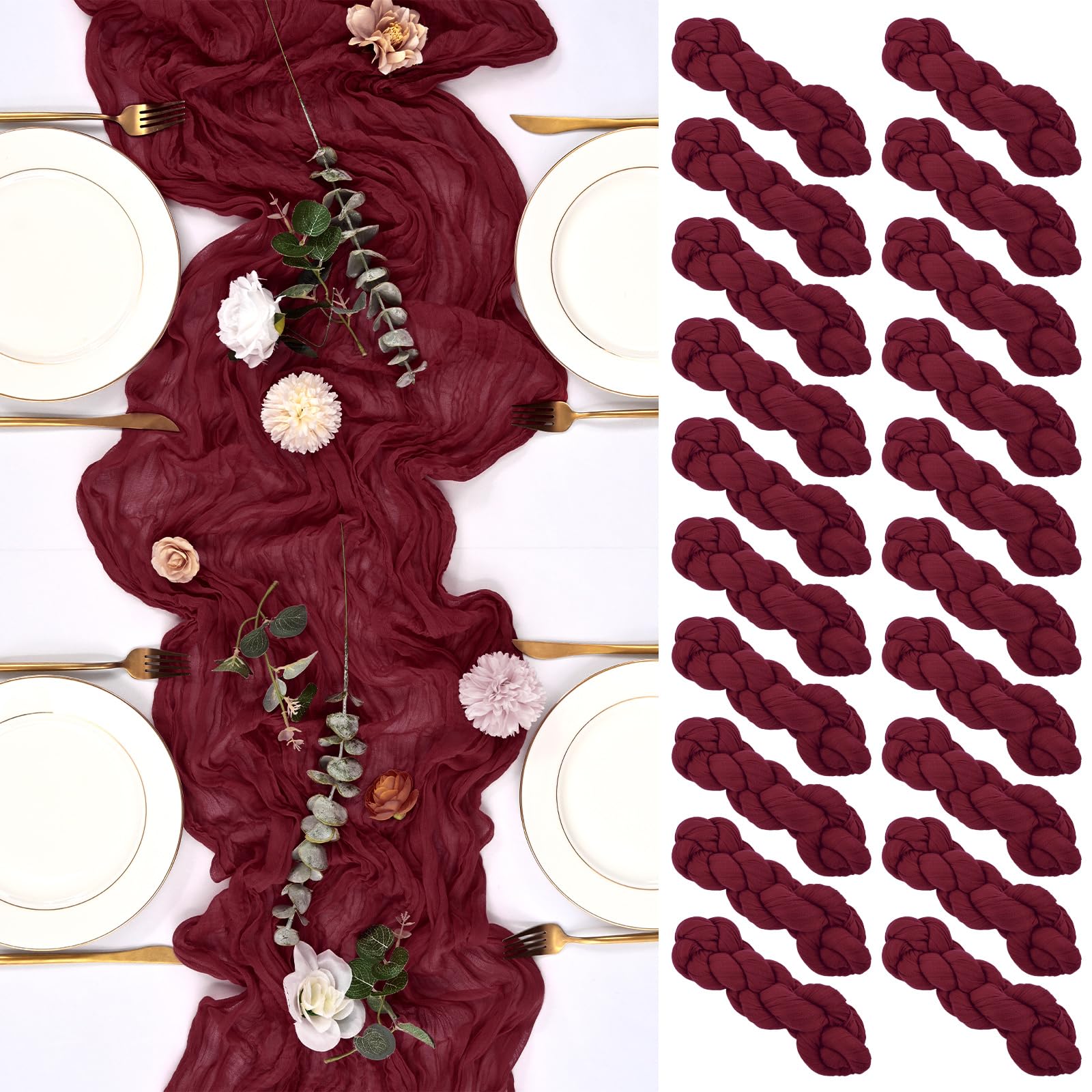 Photo 1 of 20 Pack Burgundy Table Runner 10FT Long Cheesecloth Table Runner Cheese Cloth Gauze for Wedding Party Birthday Decoration-Burgundy