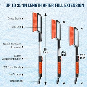 YeewayVeh 35 inch Ice Scrapers for Car Windshield, Extendable Snow Brush for Car with Foam Grip & Additional Handhold, 2 in 1 Detachable & Scratch-Free Snow Scraper for Car Truck SUV, Orange