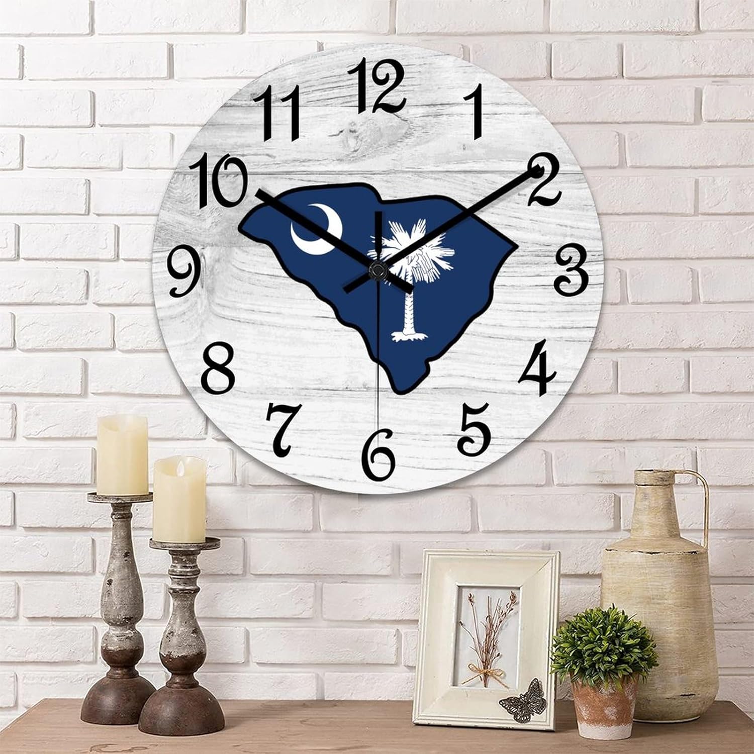 South Carolina Map Round Wooden Clock for Wall Decor South Carolina Flag Farmhouse Wall Clock 15 Inch Silent Non-Ticking Wood Clock for Office Classroom Wall Art