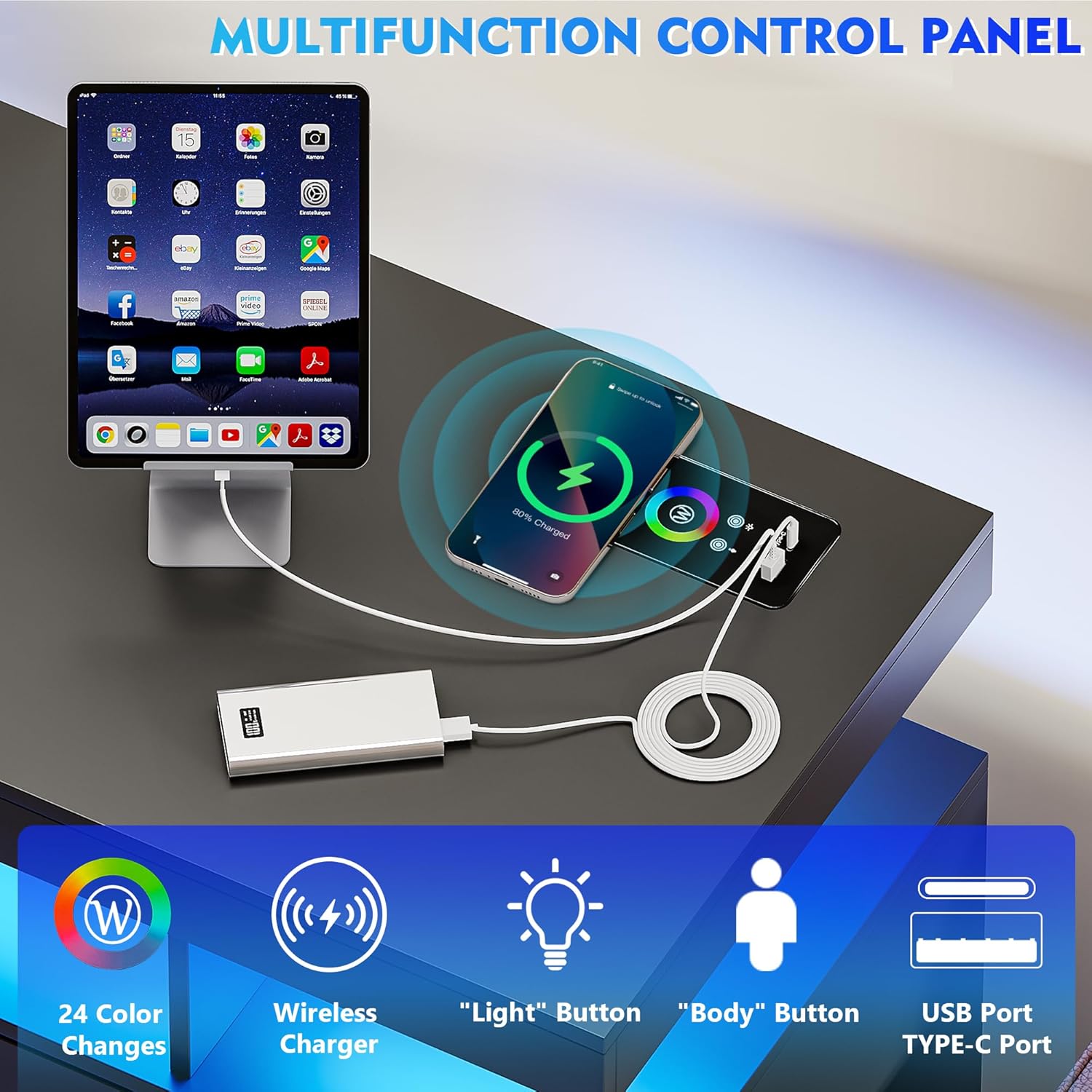 LED Buffet Cabinet with Wirelesss Charging Station 40", Modern Sideboard Table with RGB 24 Colors Dimmable, Coffee Bar Station with 3 Drawers