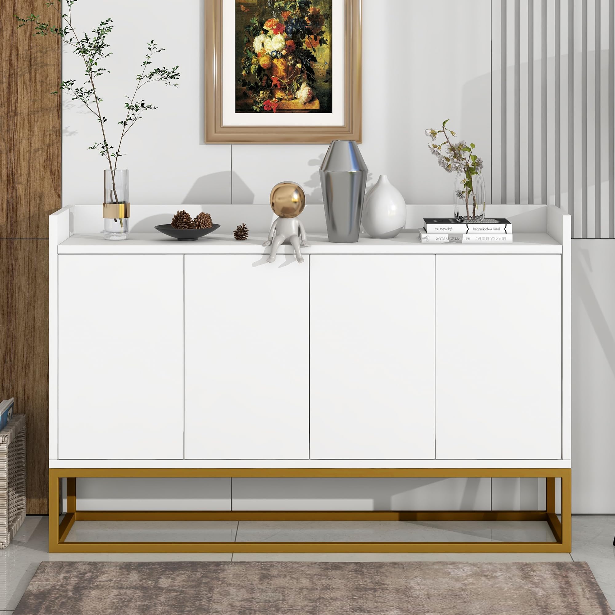 Credenza moderna in stile minimalista 4 ante armadio a buffet senza maniglie per sala da pranzo, soggiorno, cucina (bianco)