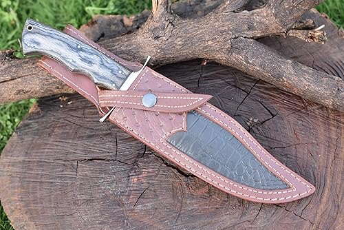 Miniatura 6 de ARMAGEDDON - Cuchillo Bowie de 13 pulgadas, hoja fija de espiga completa, mango de madera, cuchillo de caza de acero de Damasco con funda de cuero