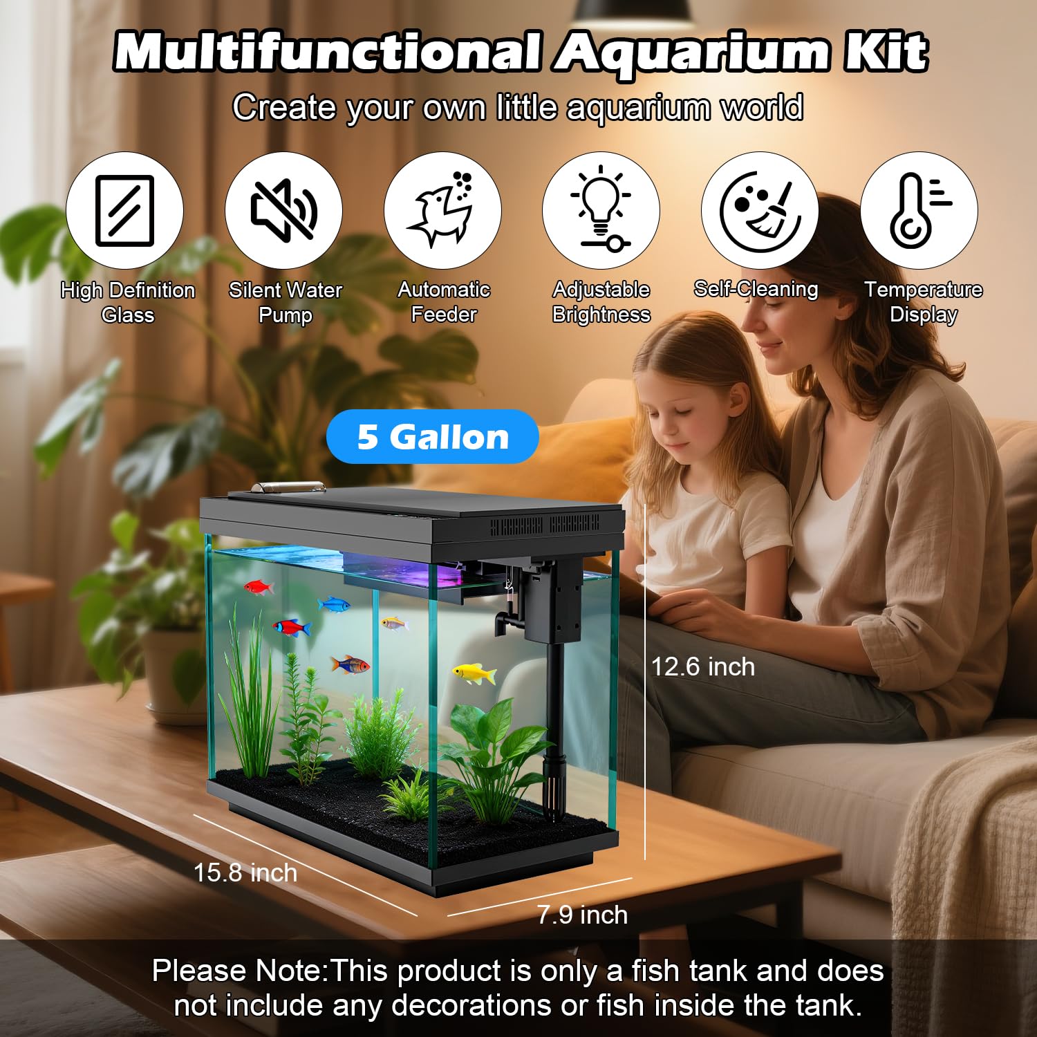 Smart Aquarium - Acquario in vetro da 5 galloni con pompa dell'acqua silenziosa, sistema di autopulizia, filtro efficienza, luci LED a 7 colori, display automatico della temperatura, vetro HD