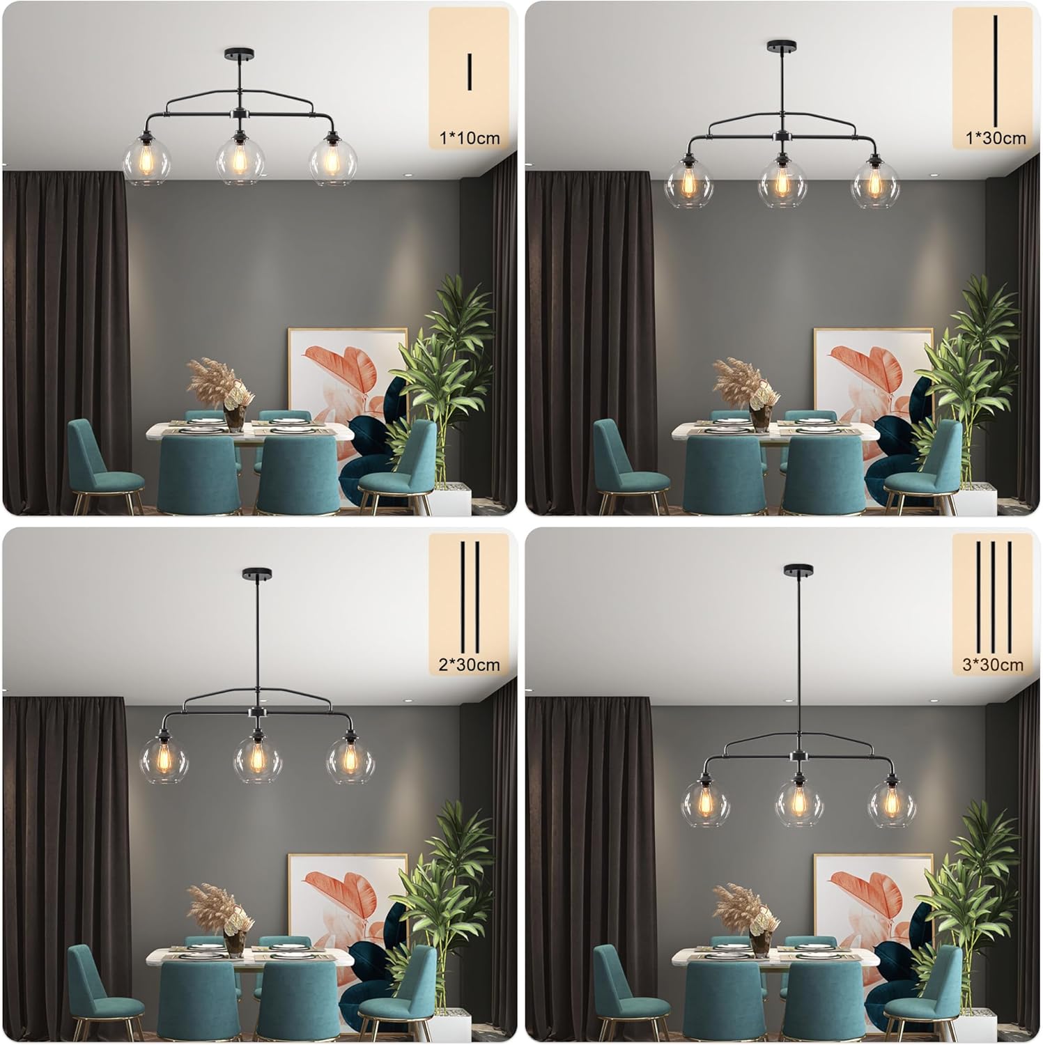 Modern Linear 3-Light Black Chandelier with Framed Arms, Industrial Kitchen Island Pendant Light Fixture with Clear Glass Globes, Ceiling Bar Lighting for Dining Table, Pool Table