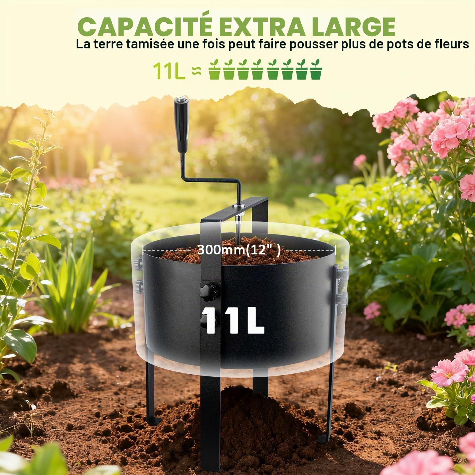 LIROPAU Tamis de jardin, tamis à compost, tamis de jardin en acier inoxydable avec 4 tamis interchangeables, diamètre 3, 6, 9, 12 mm, tamis de fond à manivelle en métal pour terre, compost, semences
