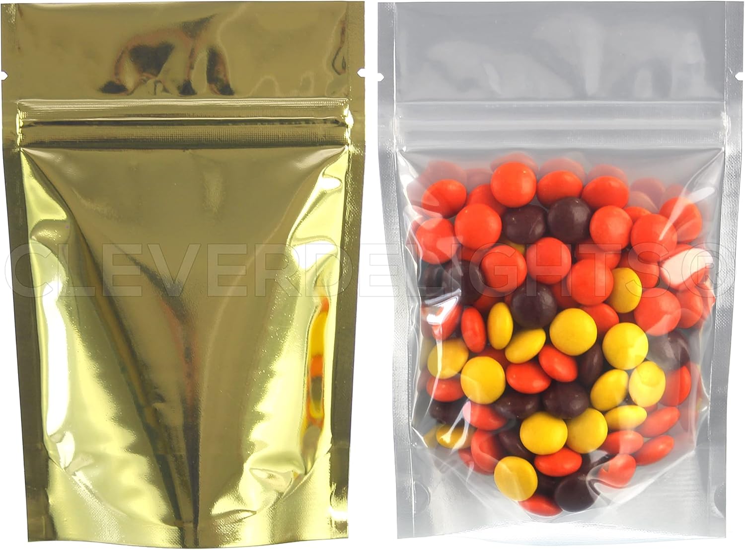 CleverDelights 2oz Gold-Back Clear-Front Stand-Up Pouches - 4 x 6 x 2 in - 1000 Pack Carton
