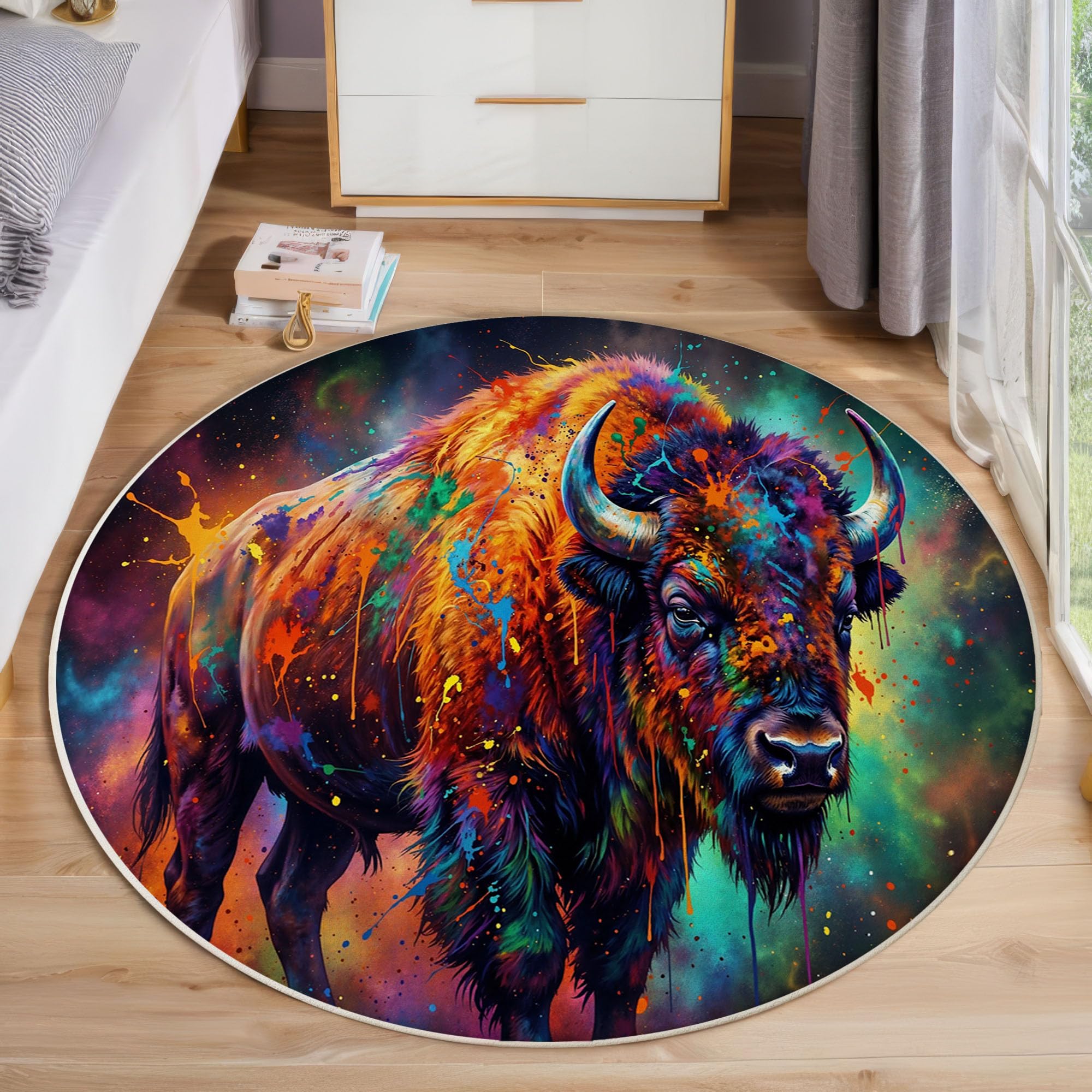Tapis rond poil bas style art animalier avec motif bison peint