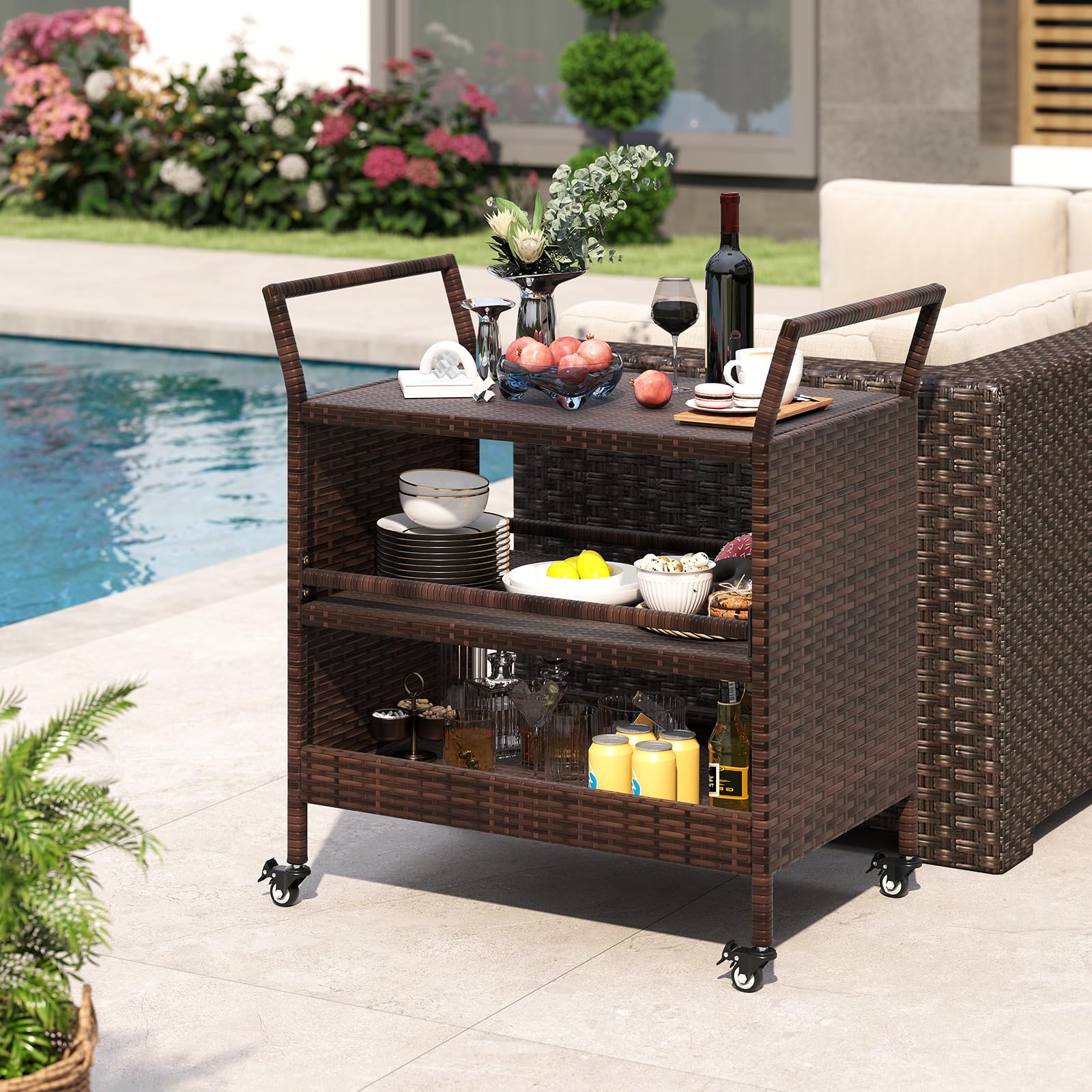 GIANTEX Carrello da Esterno in Rattan su Ruote, 3 Livelli con Maniglie Laterali, Dimensioni 86 x 50 x 89 cm, Multiuso per Barbecue, Giardino, Piscina e Terrazzo