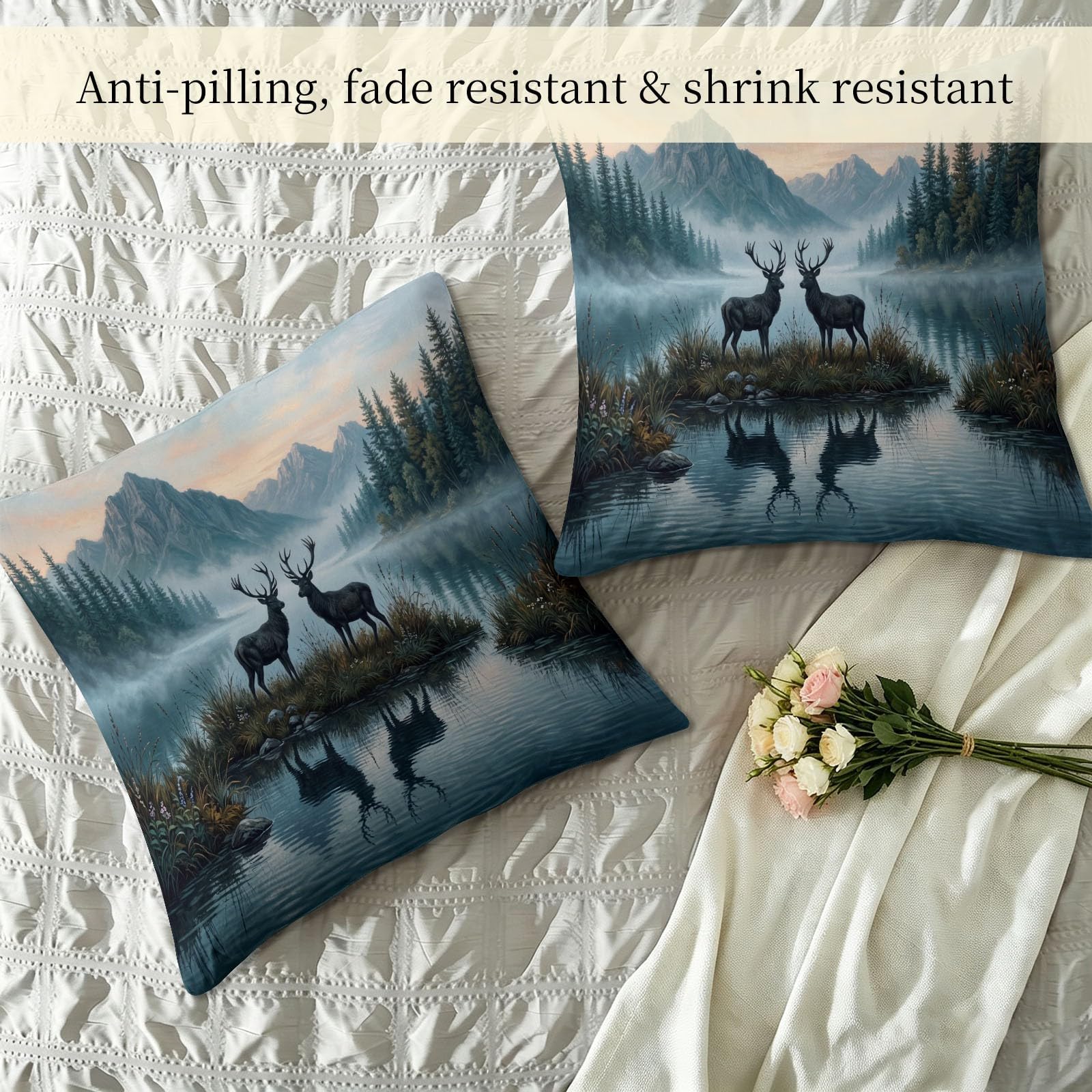 Bianco 200 x 200 cm Trapunta 4 Stagioni Fotografia Paesaggio Animale Botanico Cervo Maschio Pino Foresta Trapunta Estate per Letto 2 Persone, Rami Grigii Edredon Legere, Reversibile Lavabile Trapunta