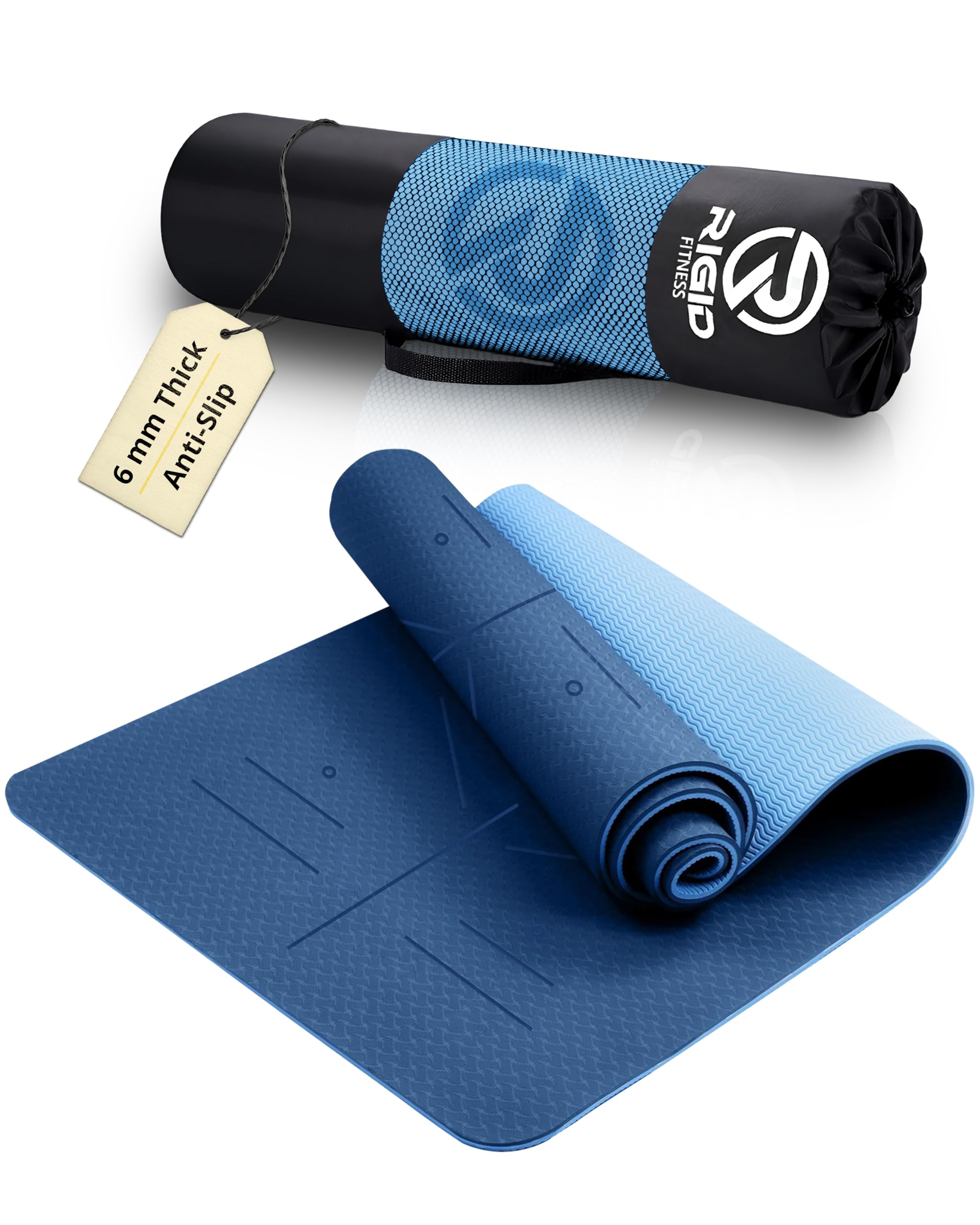 Yoga Mat 6mm with Alignments - Anti-Slip TPE Yoga Mat with Carry Bag - Precision Alignment Lines, Lightweight & Durable for All Fitness & Yoga Exercises - 183 x 61cm (0.6cm Thickness) Blue