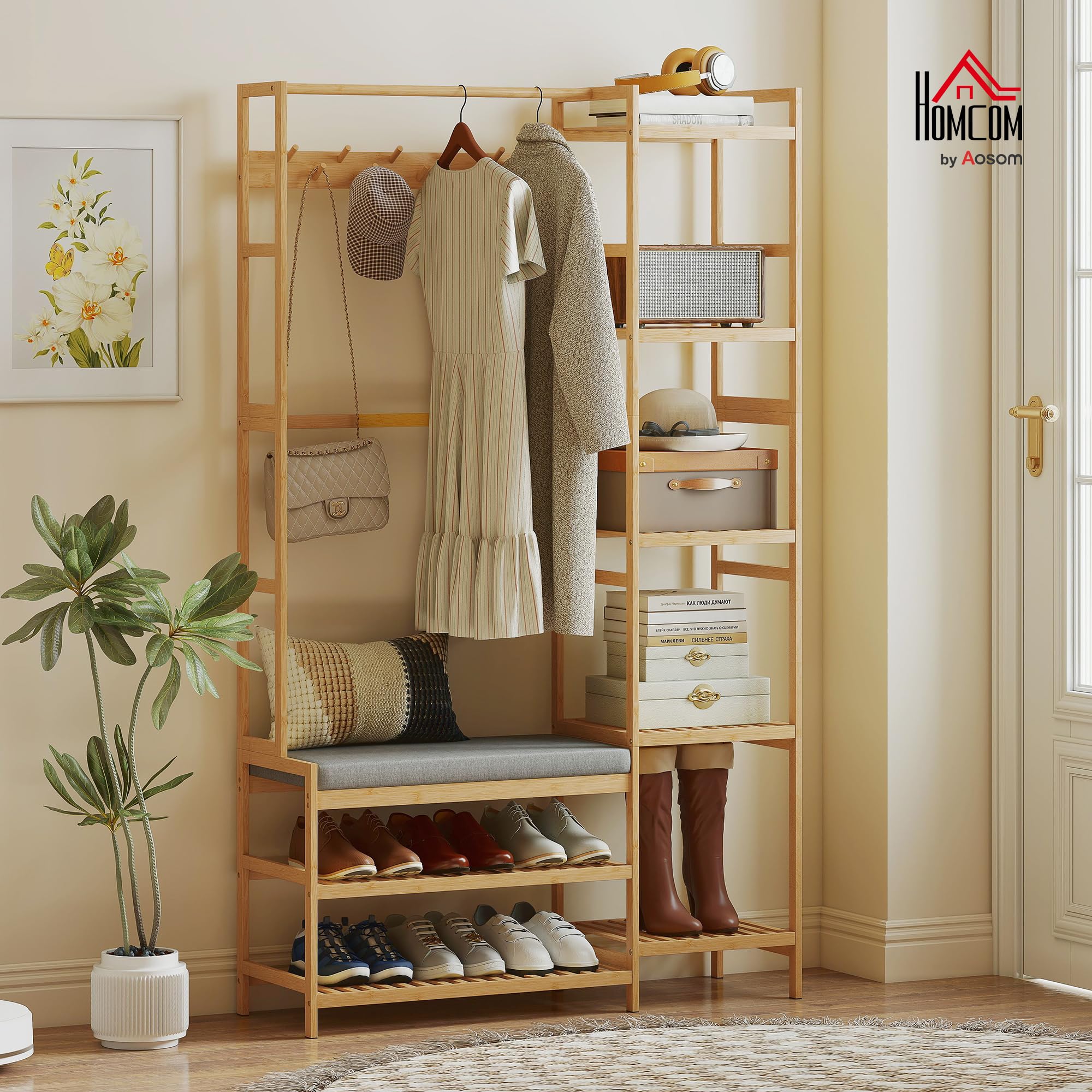 HOMCOM Perchero, 10 ganchos, Natural, Altura 175 cm | Banco acolchado con 2 estantes, barra ropa, 5 compartimentos abiertos, perchero para pasillo, dormitorio, sala