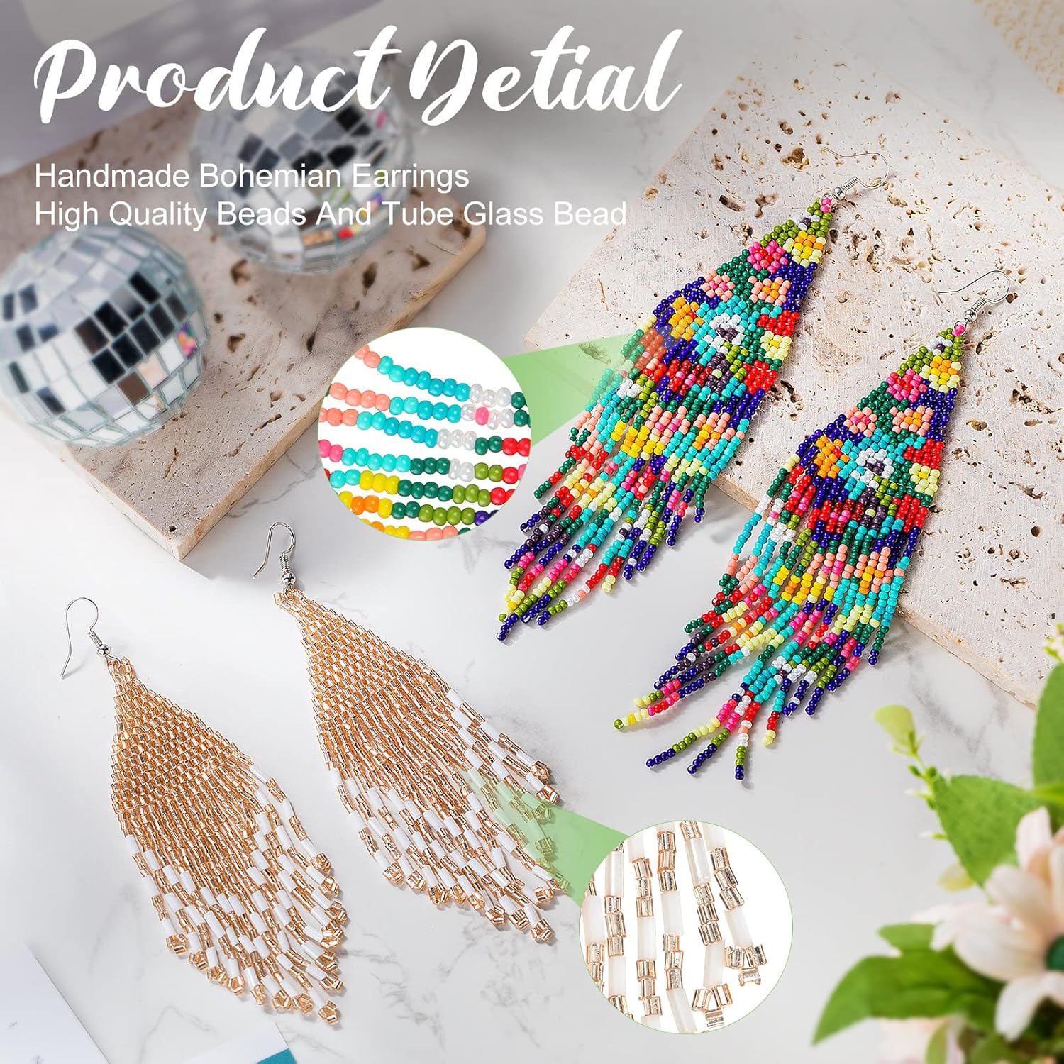 Tuanse 4 Pairs Long Beaded Tassel Earrings Colorful Handmade Seed Bead Statement Fringe Drop Dangle Earrings Boho Jewelry for Women Gifts in 4 Styles - Image 3