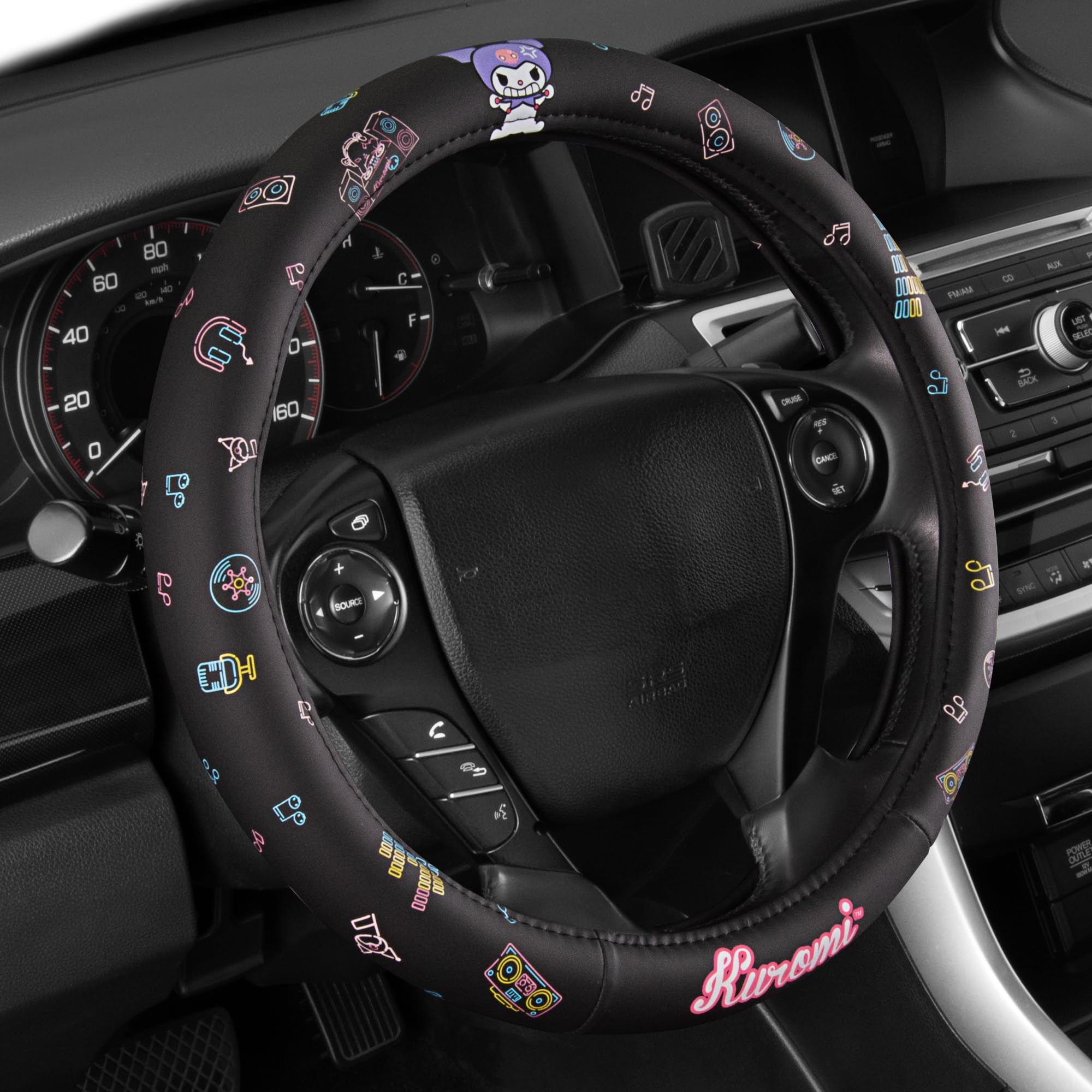 Carbella Housse de Volant de Taille Universelle 36,8 à 49,5, Housse de Volant Mignonne Kawaii Noire pour Femme, Accessoires de Voiture Kuromi (Noir)