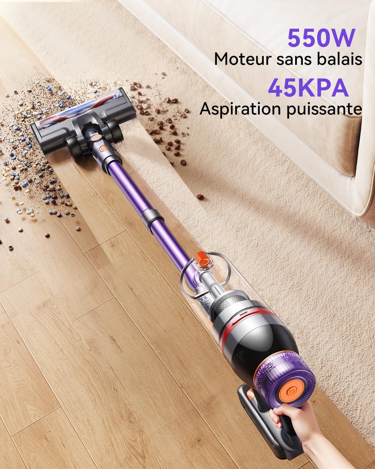 550W /45KPa Aspirateur Balai Sans Fil, 60 Min d’Autonomie avec Mode Auto, Aspirateur Sans Fil Puissant Autoportant avec Support Mural pour Tapis, Sols Durs & Poils d’Animaux – Bac à Poussiè（Violet）