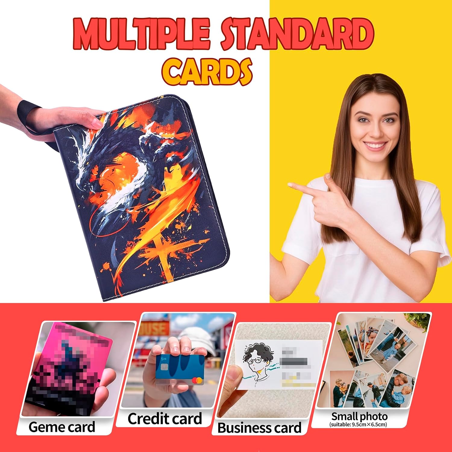 Trading Card Binder 4 Pocket with 50 Removable Sleeves, 400 Pockets Card Holder with Zipper & Wrist Strap, Card Album for Boys Teens, Fits TCG, Anime, Game, Sports Cards (Orange & Black, 4-Pocket)
