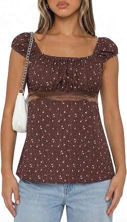 PHISOCKAT Women Babydoll Tops Y2k Baby Doll Tops with Adjustable Waist Tie