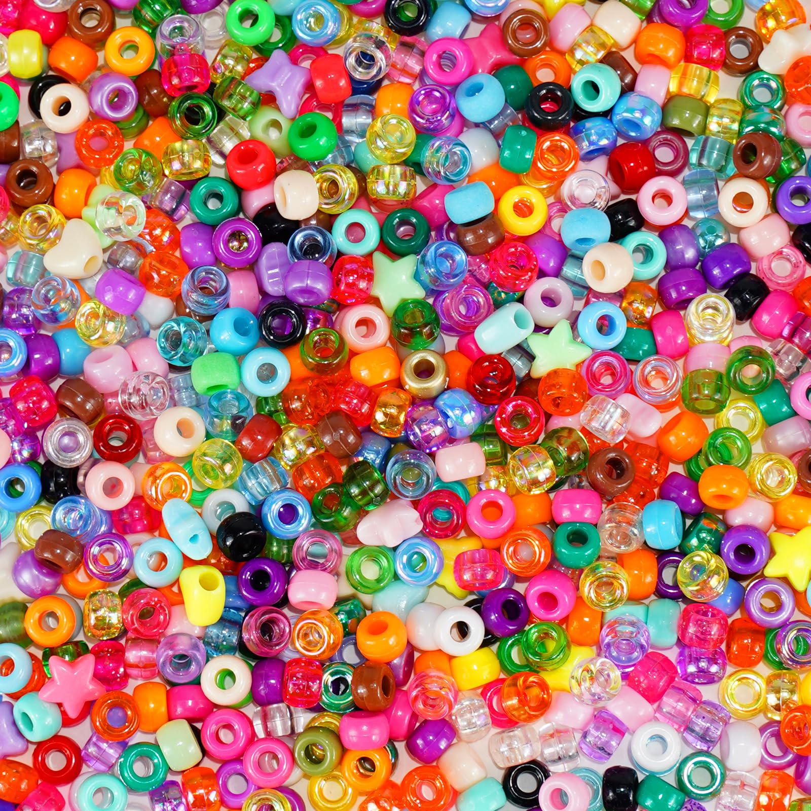Pony Beads 1000+pcs Plastic 9mm Rave Kandi Spacer Bead for Jewelry Making, DIY Face Mask Hair Bead Bracelet Making Kit for Girls, Cute Heart Star Butterfly Shape Beads